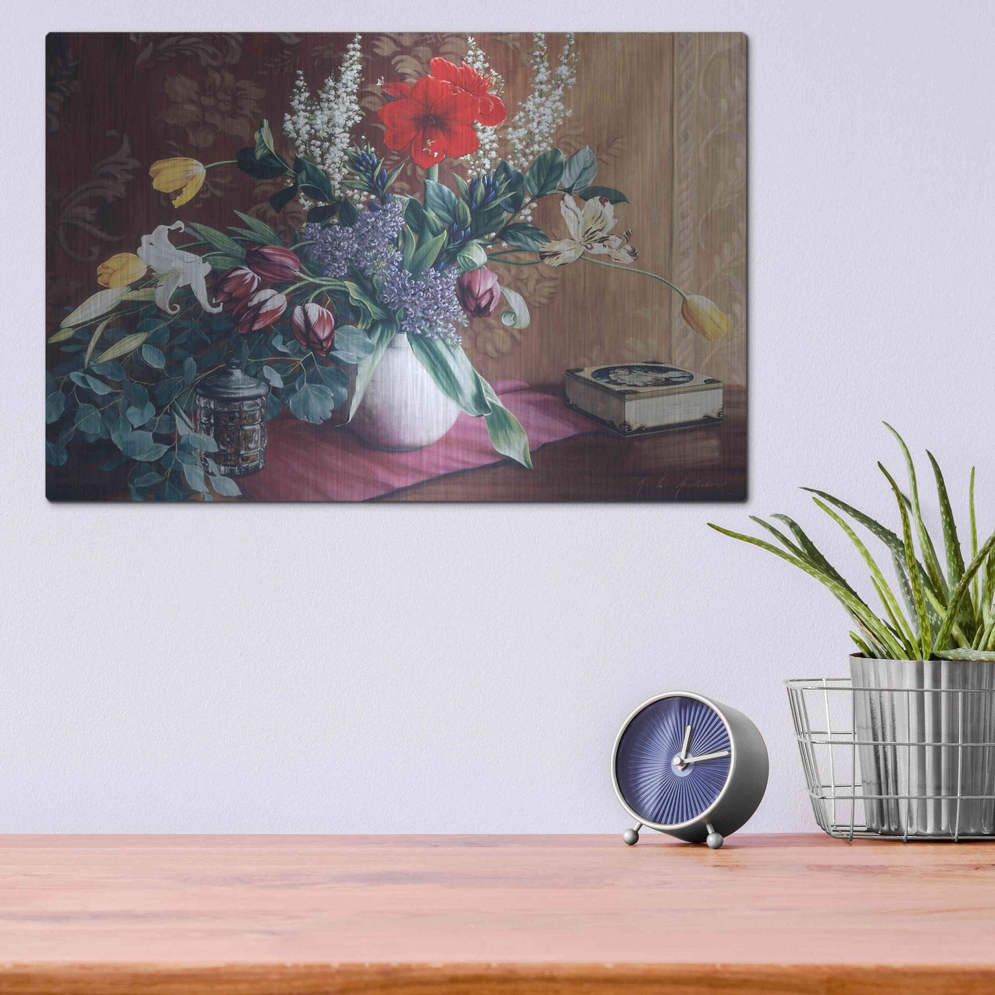 Luxe Metal Art 'Evening Bouquet with Toffee Box' by Robin Anderson, Metal Wall Art,16x12