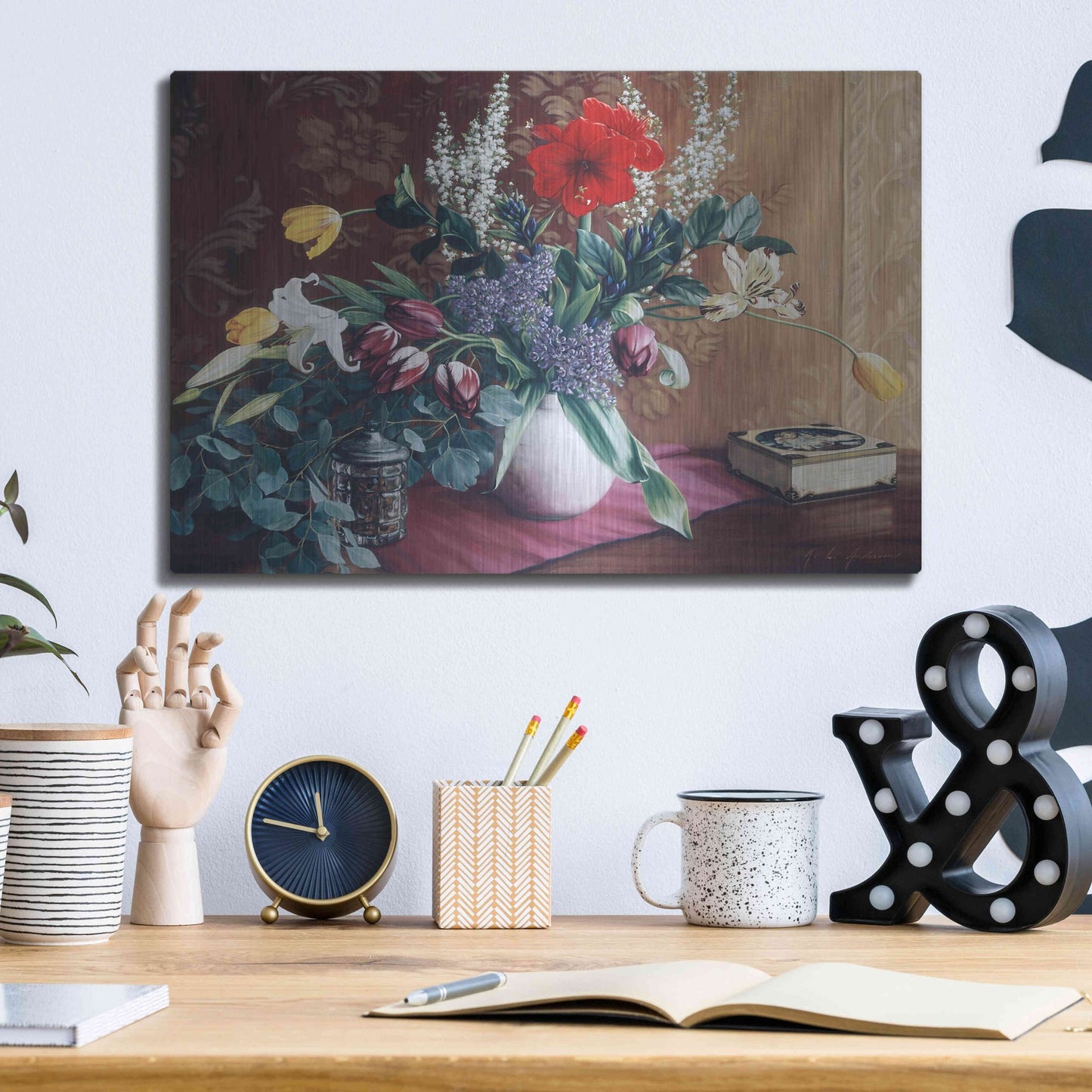 Luxe Metal Art 'Evening Bouquet with Toffee Box' by Robin Anderson, Metal Wall Art,16x12