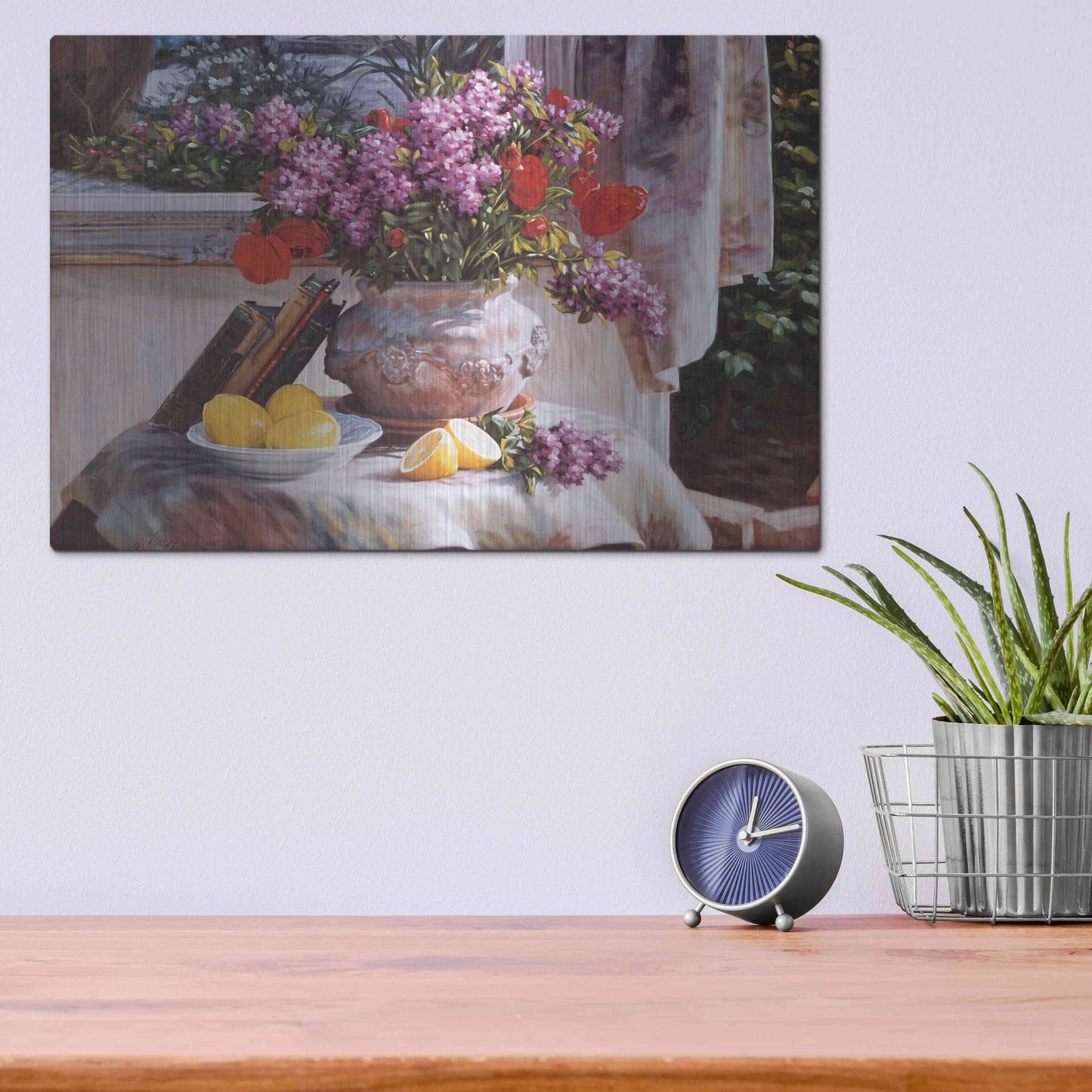 Luxe Metal Art 'Lilacs And Lemons' by Robin Anderson, Metal Wall Art,16x12