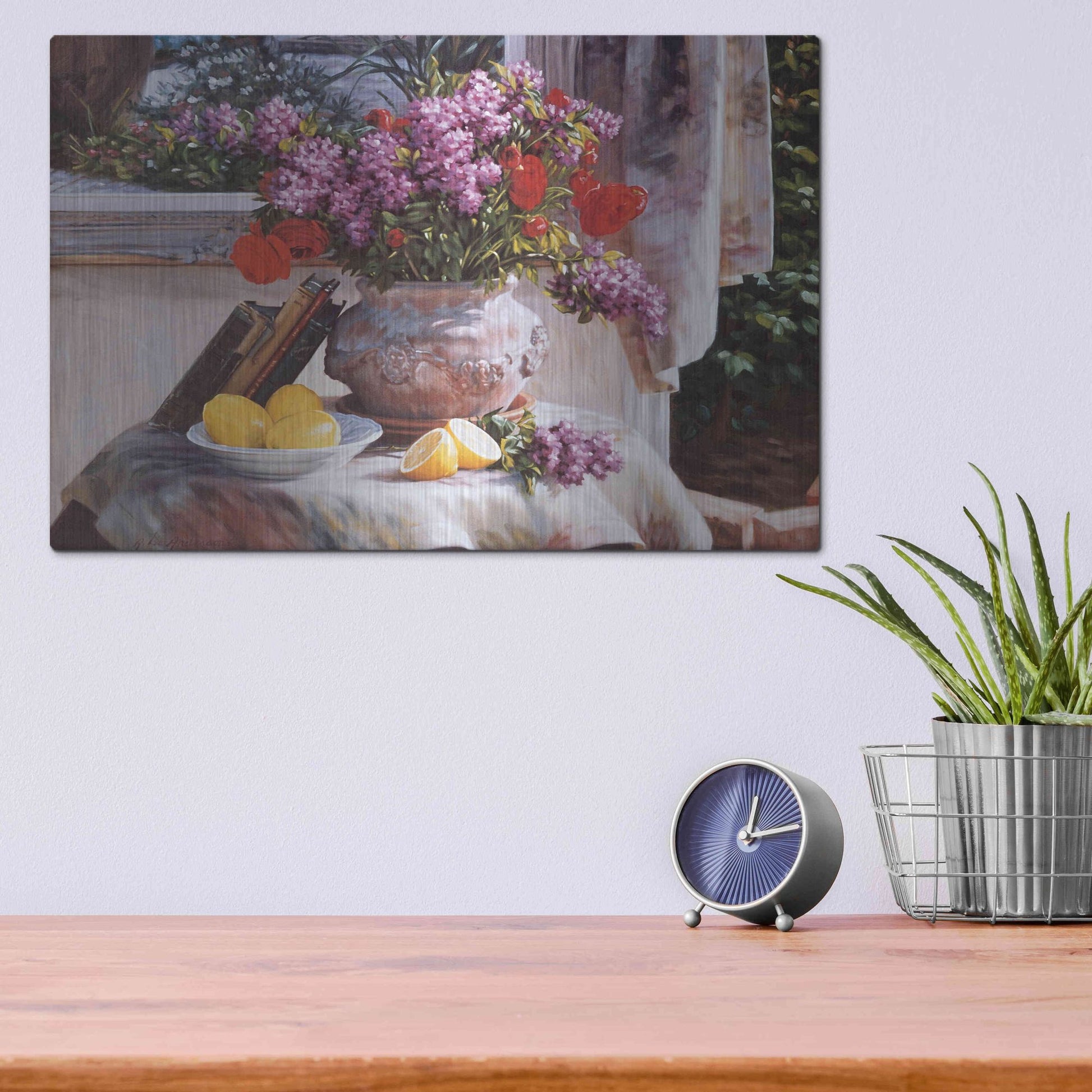 Luxe Metal Art 'Lilacs And Lemons' by Robin Anderson, Metal Wall Art,16x12