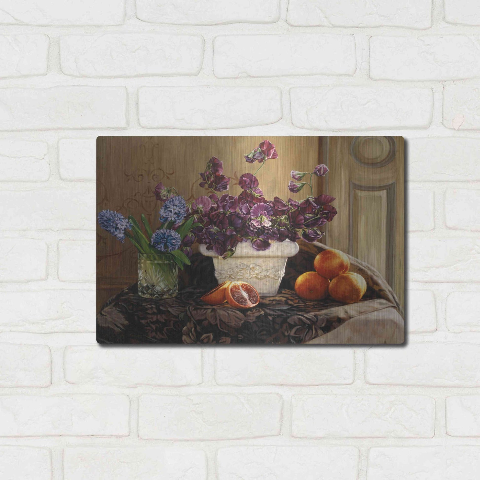 Luxe Metal Art 'Sweet Peas And Blood Orange.' by Robin Anderson, Metal Wall Art,16x12