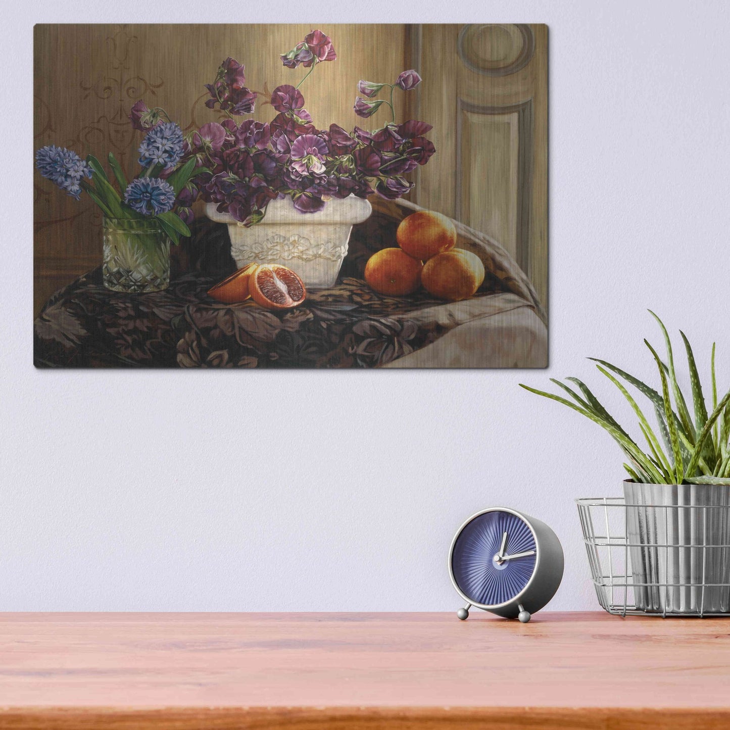 Luxe Metal Art 'Sweet Peas And Blood Orange.' by Robin Anderson, Metal Wall Art,16x12