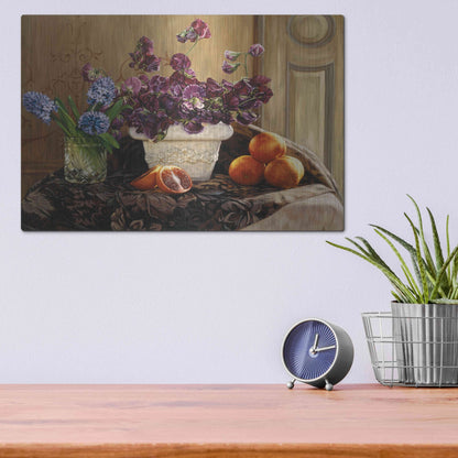 Luxe Metal Art 'Sweet Peas And Blood Orange.' by Robin Anderson, Metal Wall Art,16x12