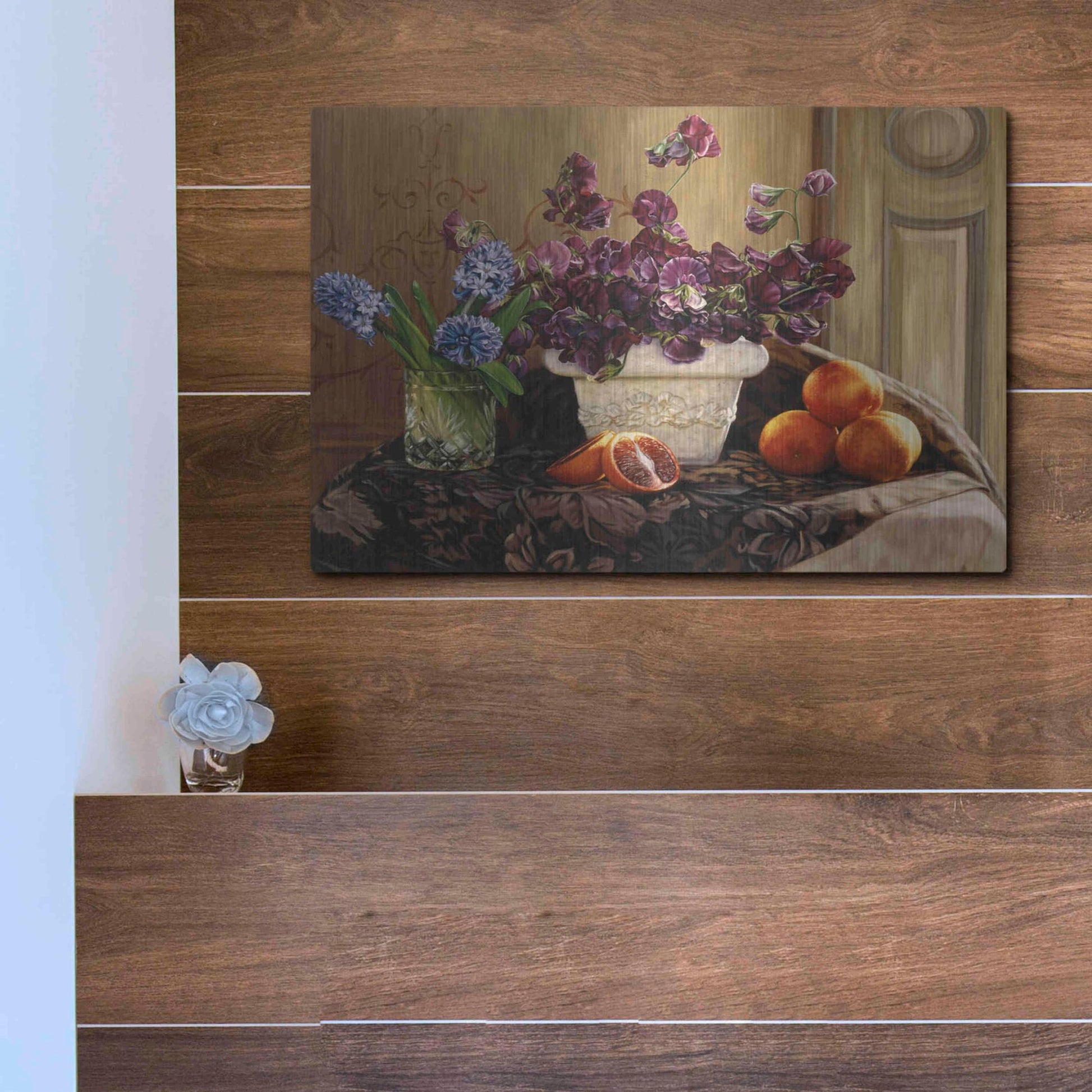 Luxe Metal Art 'Sweet Peas And Blood Orange.' by Robin Anderson, Metal Wall Art,16x12