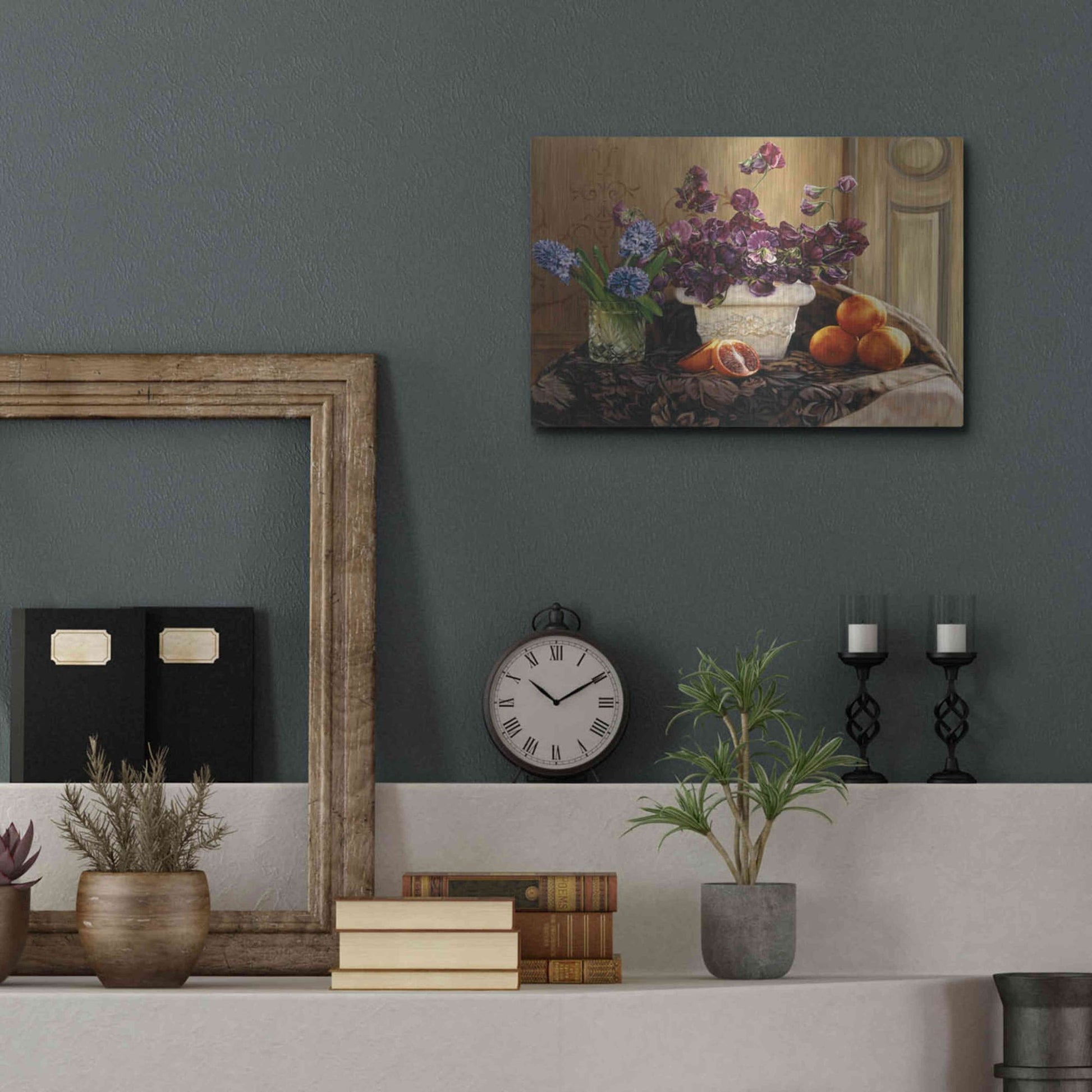 Luxe Metal Art 'Sweet Peas And Blood Orange.' by Robin Anderson, Metal Wall Art,16x12