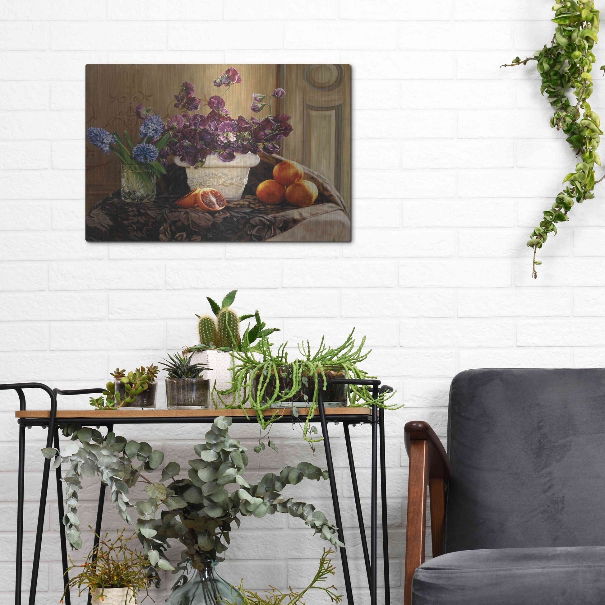 Luxe Metal Art 'Sweet Peas And Blood Orange.' by Robin Anderson, Metal Wall Art,16x12