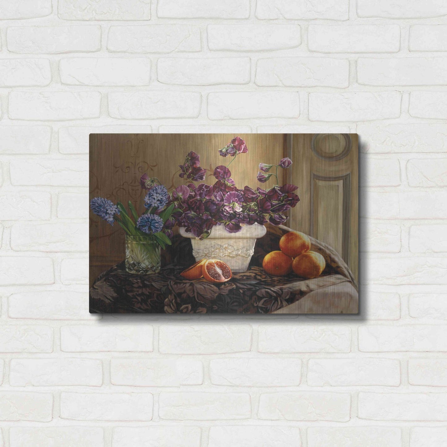 Luxe Metal Art 'Sweet Peas And Blood Orange.' by Robin Anderson, Metal Wall Art,24x16