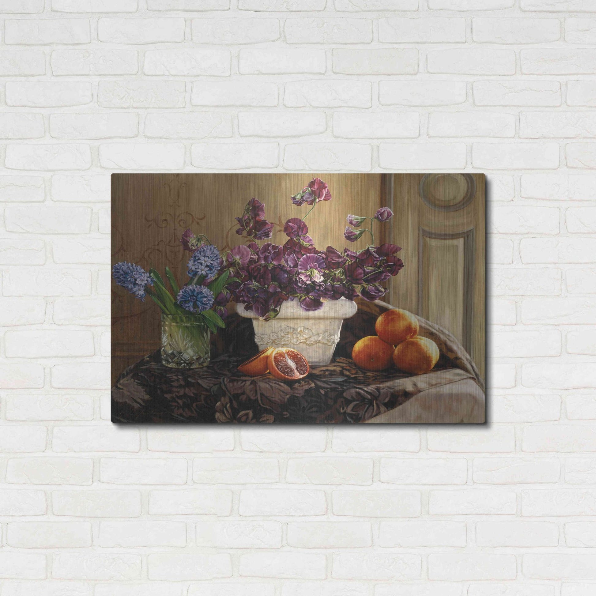 Luxe Metal Art 'Sweet Peas And Blood Orange.' by Robin Anderson, Metal Wall Art,36x24