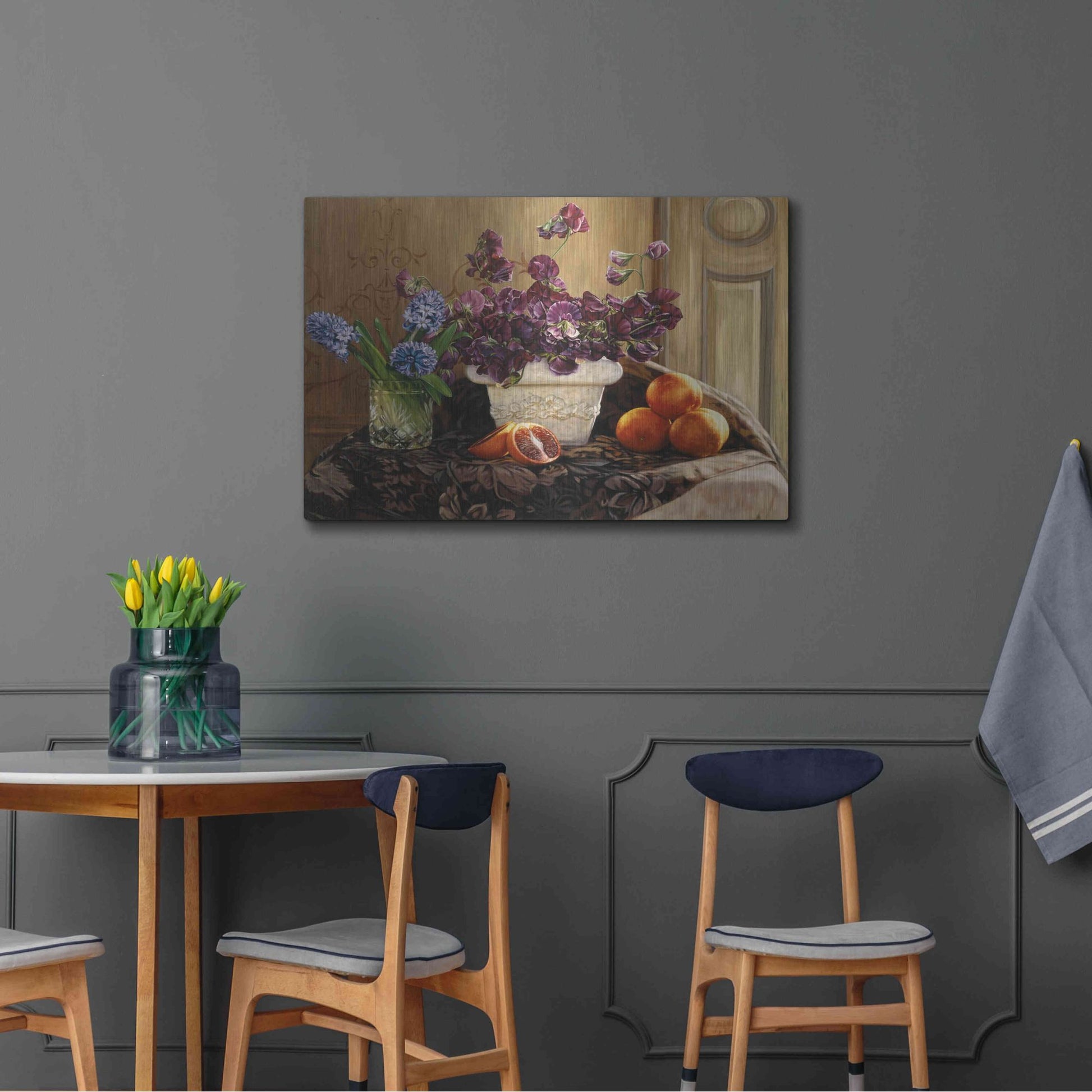 Luxe Metal Art 'Sweet Peas And Blood Orange.' by Robin Anderson, Metal Wall Art,36x24