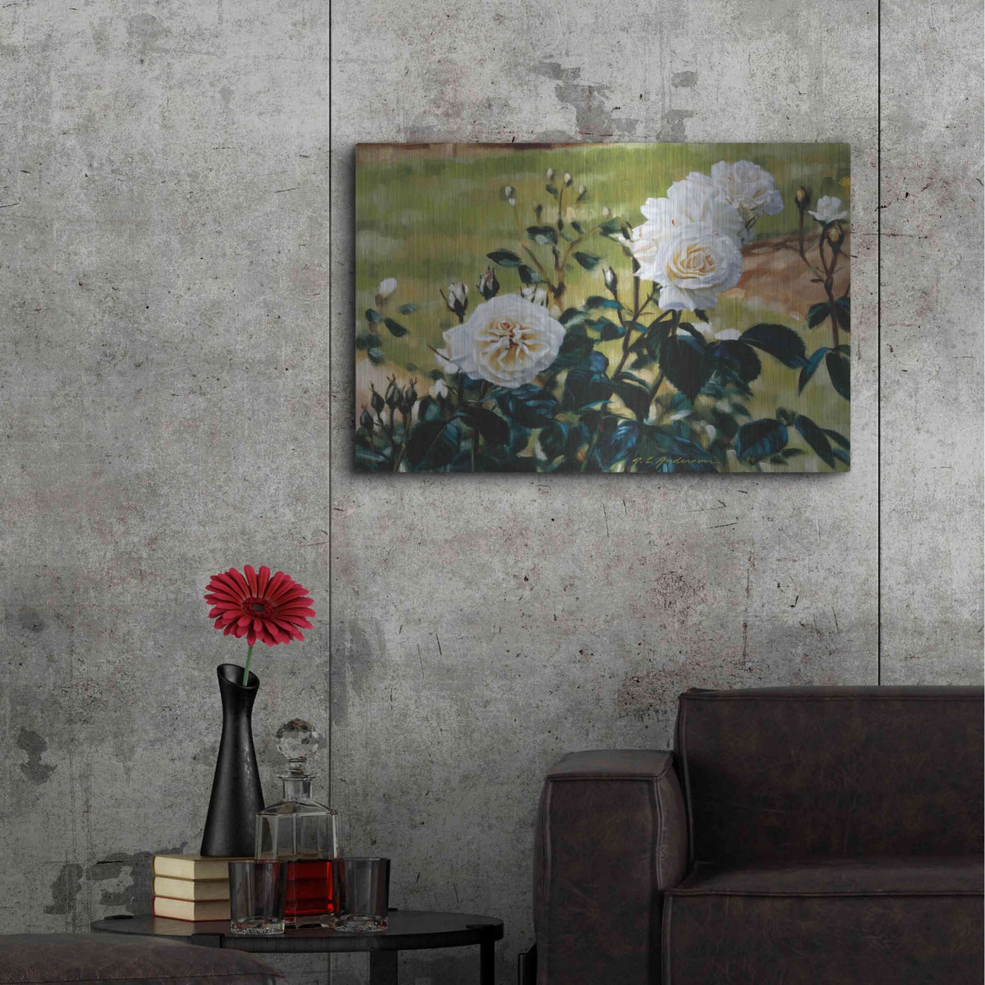 Luxe Metal Art 'White Roses' by Robin Anderson, Metal Wall Art,36x24