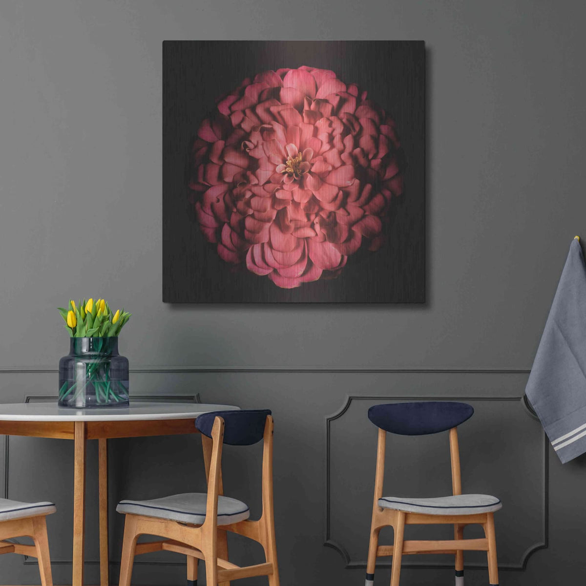 'Portrait of a Zinnia' by Leah McLean – Metal Wall Art, 36x36 room view