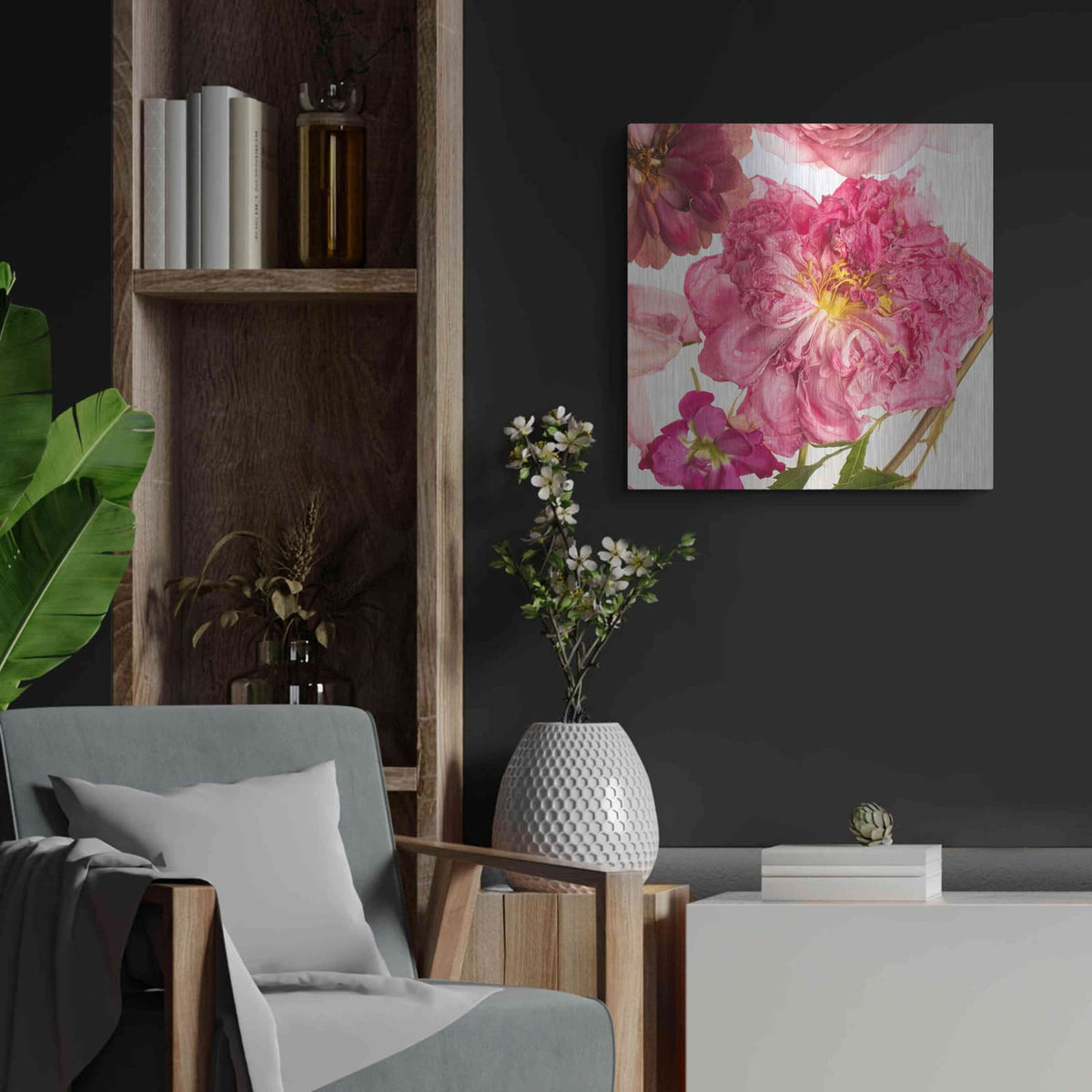 'Peony Dream on White' by Leah McLean – Metal Wall Art, 24x24 room view