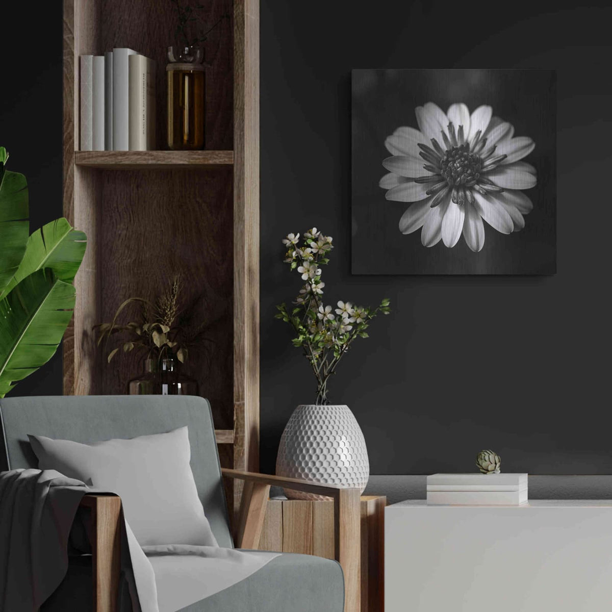 'Sunny Bloom Monochrome' by Leah McLean – Metal Wall Art, 24x24 room view