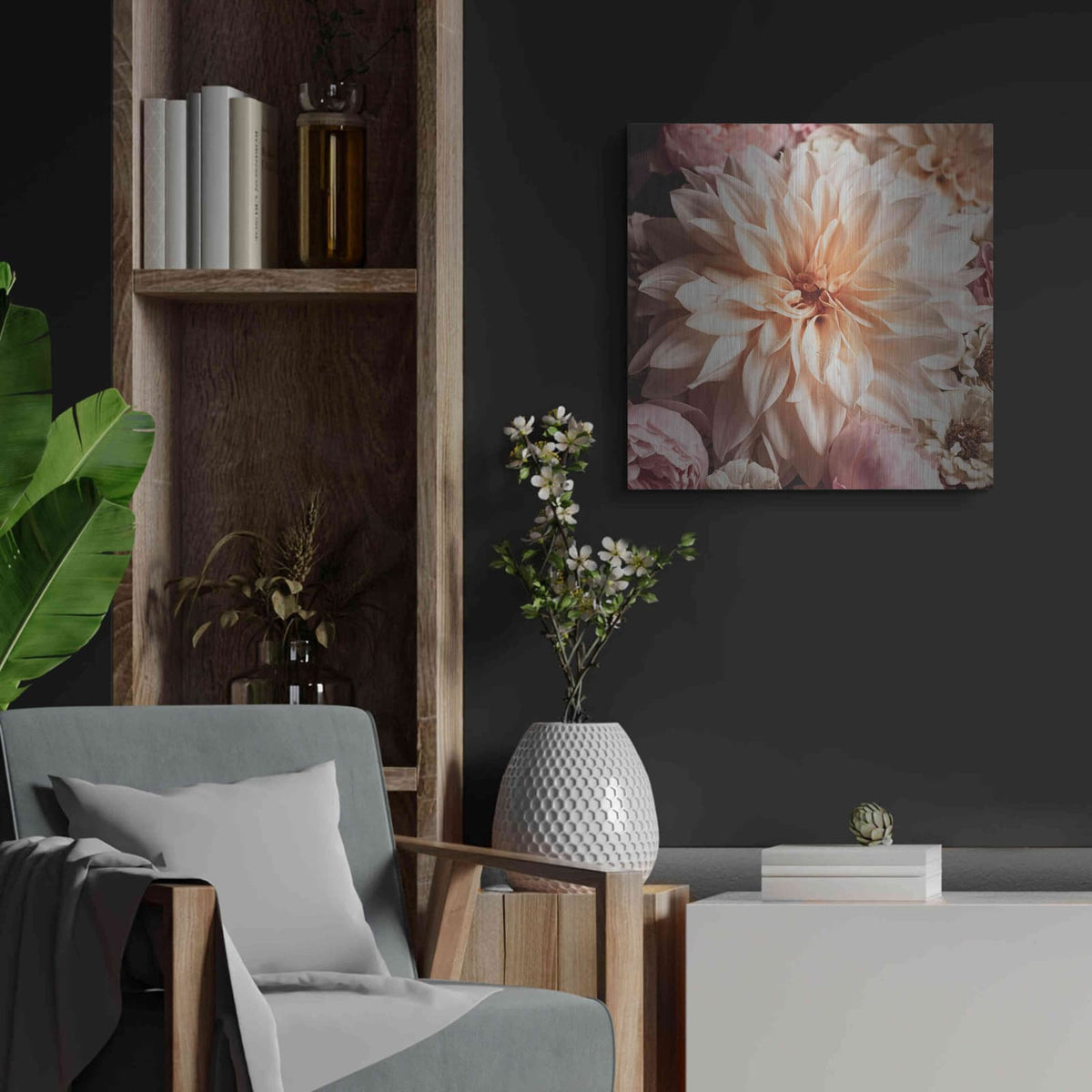 'Dahlia Whimsy' by Leah McLean – Metal Wall Art, 24x24 room view