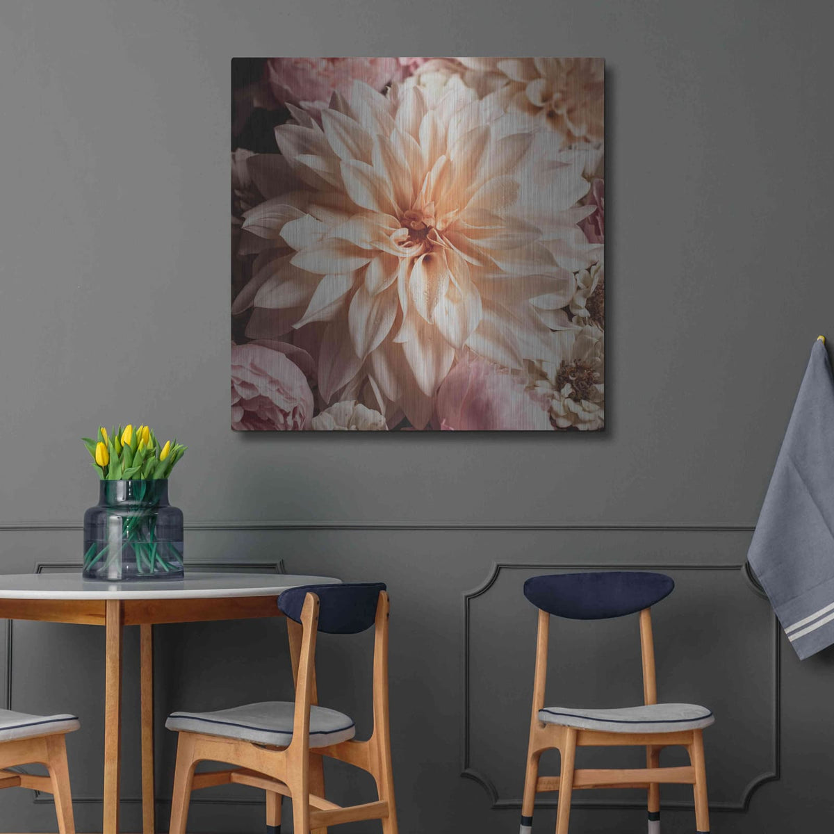 'Dahlia Whimsy' by Leah McLean – Metal Wall Art, 36x36 room view