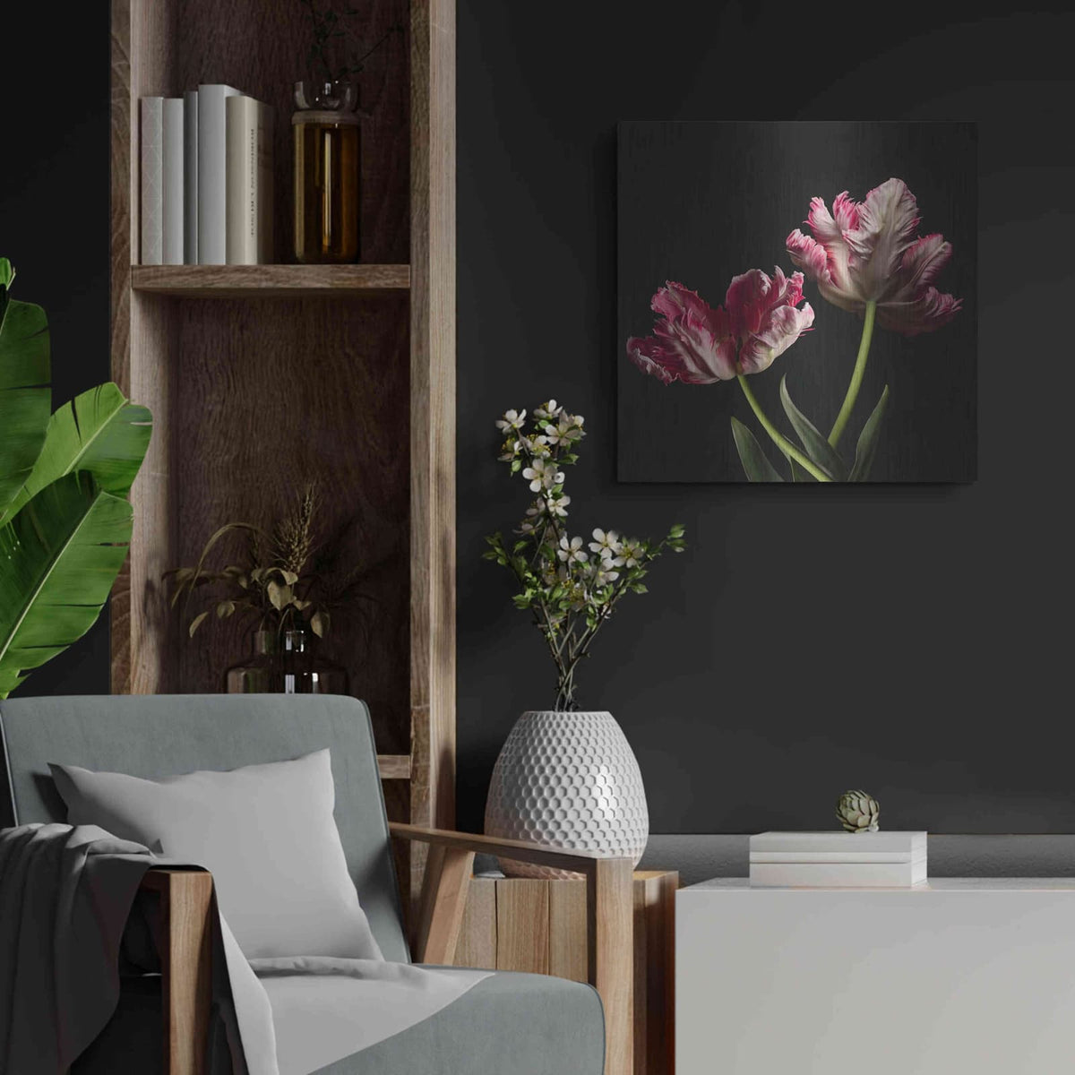 'Open Bloomed Tulips' by Leah McLean – Metal Wall Art, 24x24 room view