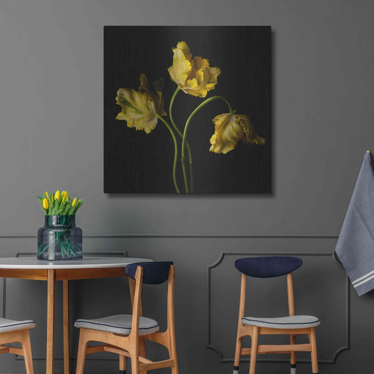 'Yellow Parrot Trio' by Leah McLean – Metal Wall Art, 36x36 room view