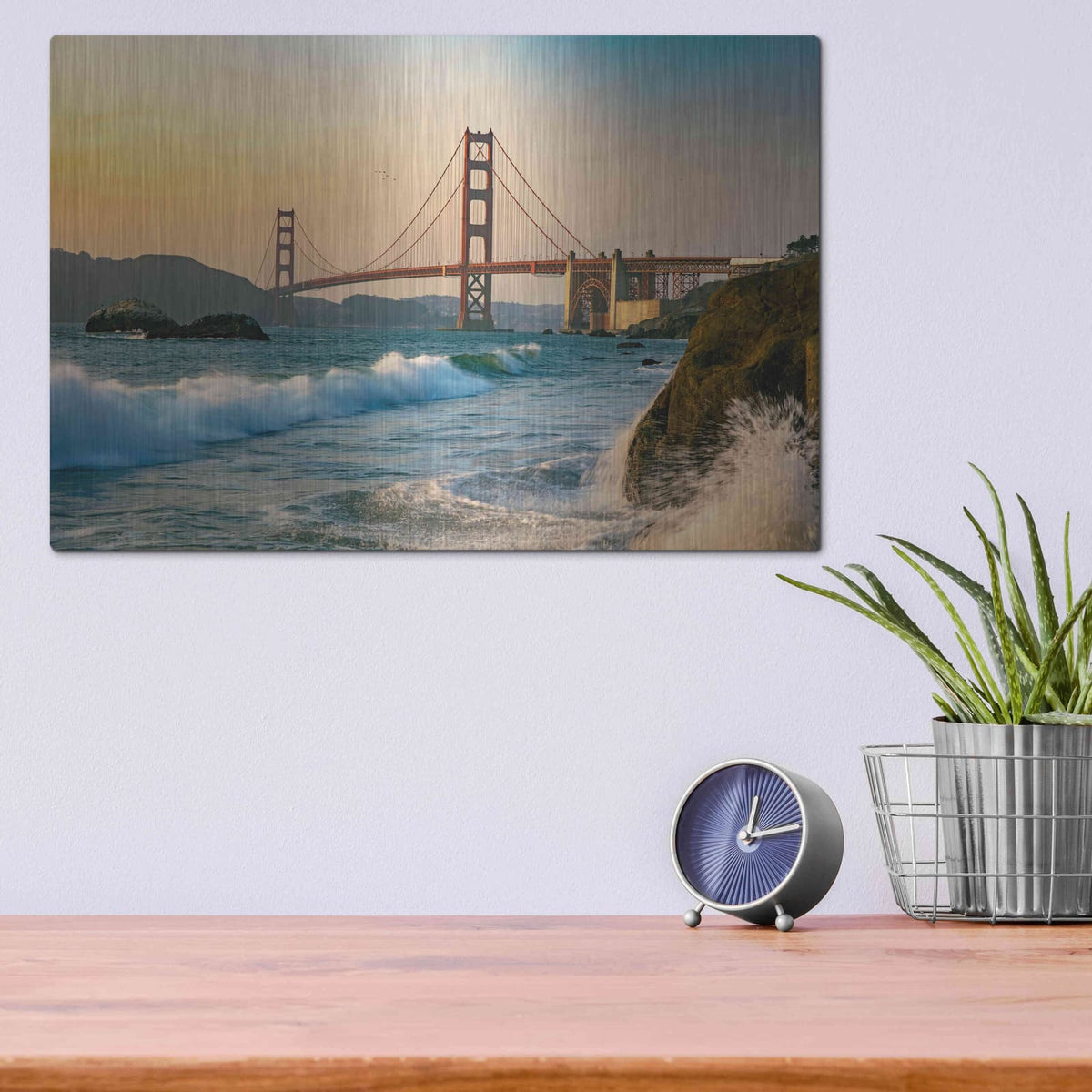 'Golden Gate Bridge Sunset with Wave Action' by Luxe Portfolio – Metal Wall Art, 16x12 room view