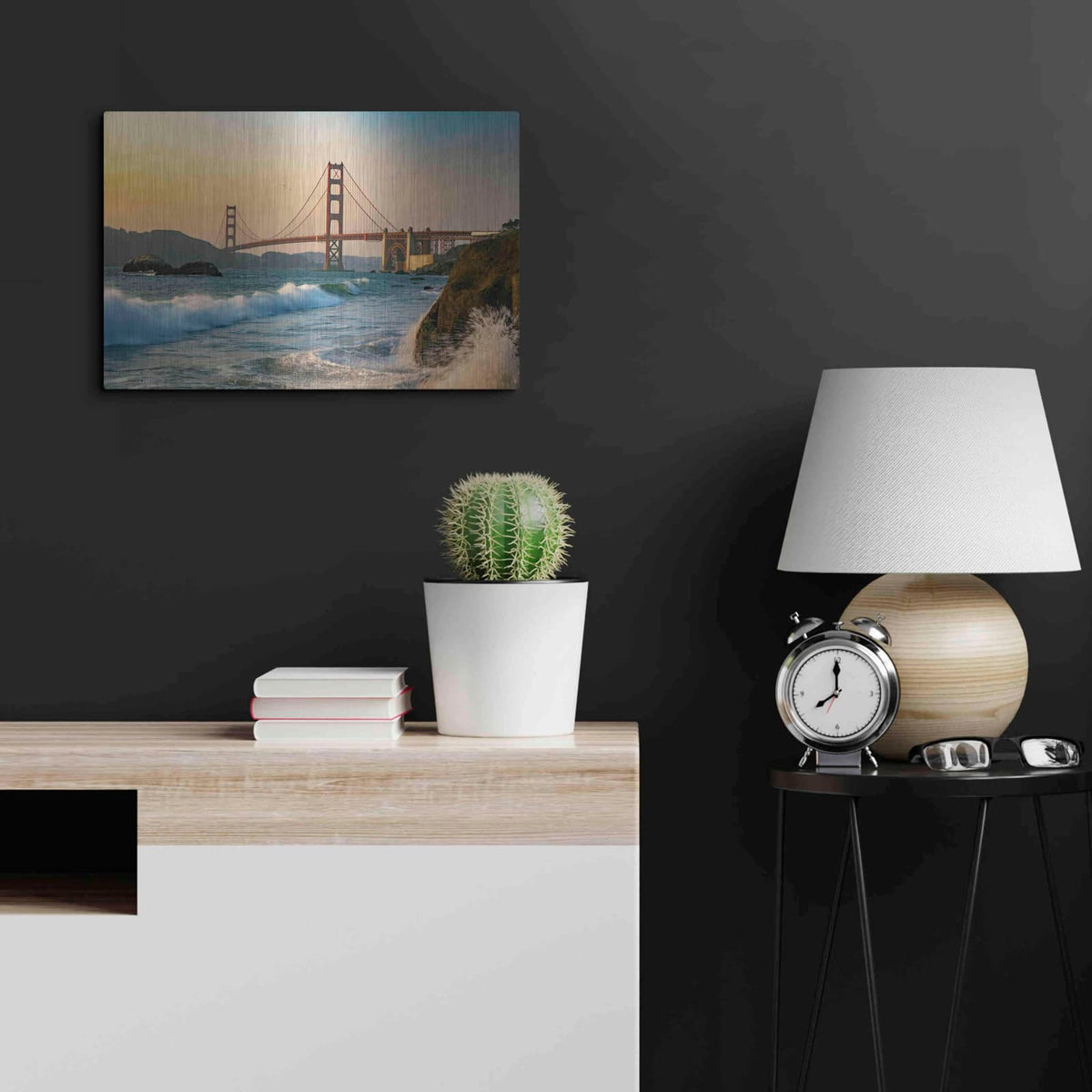 'Golden Gate Bridge Sunset with Wave Action' by Luxe Portfolio – Metal Wall Art, 24x16 room view