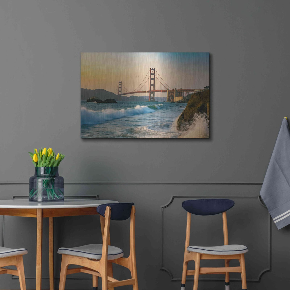 'Golden Gate Bridge Sunset with Wave Action' by Luxe Portfolio – Metal Wall Art, 36x24 room view