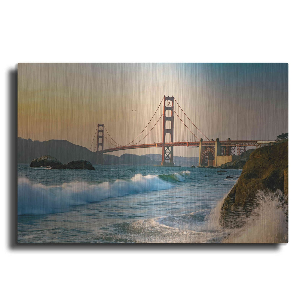 'Golden Gate Bridge Sunset with Wave Action' by Luxe Portfolio – Metal Wall Art