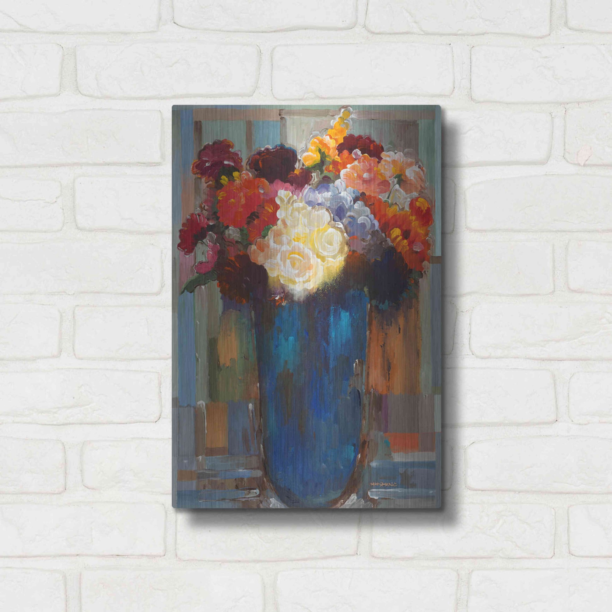 Luxe Metal Art 'Flowers in a Blue Vase' by Hooshang Khorasani, Metal Wall Art,12x16