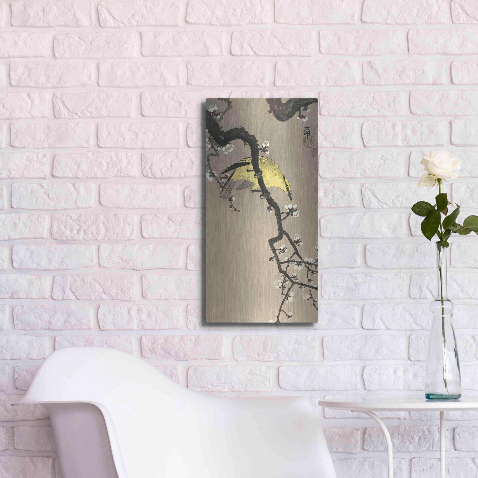 Luxe Metal Art 'Chinese Wielewaal on Plum Blossom Branch 1900-1910' by Ohara Koson, Metal Wall Art,12x24