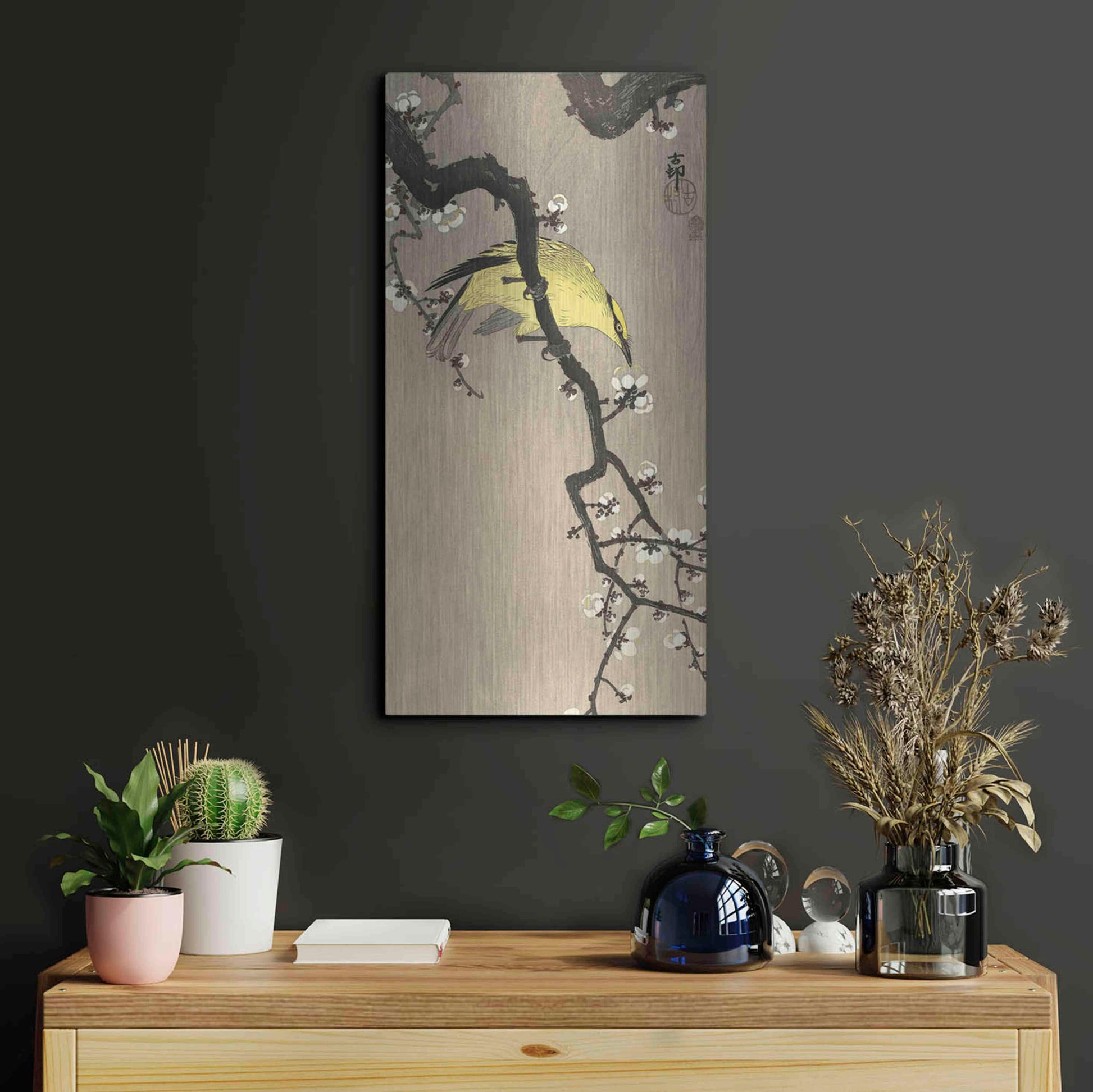 Luxe Metal Art 'Chinese Wielewaal on Plum Blossom Branch 1900-1910' by Ohara Koson, Metal Wall Art,12x24