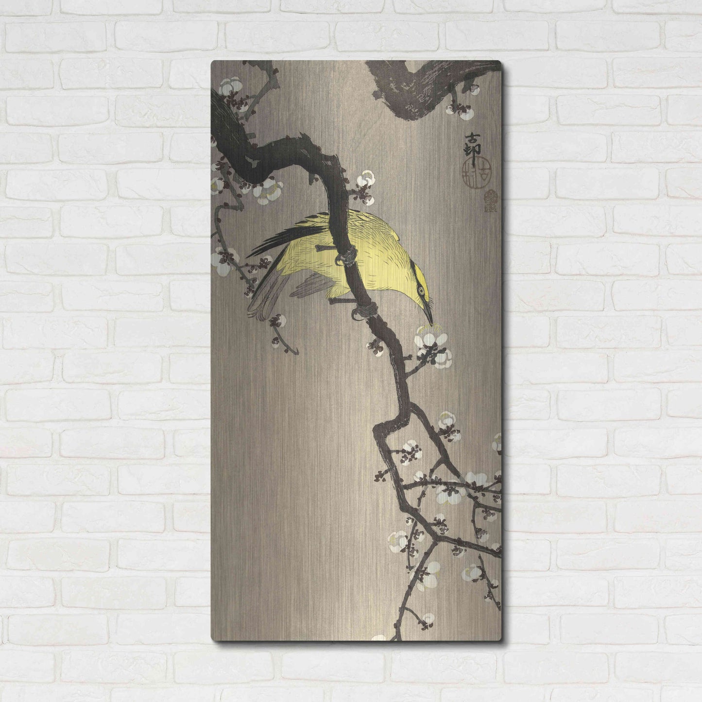 Luxe Metal Art 'Chinese Wielewaal on Plum Blossom Branch 1900-1910' by Ohara Koson, Metal Wall Art,24x48