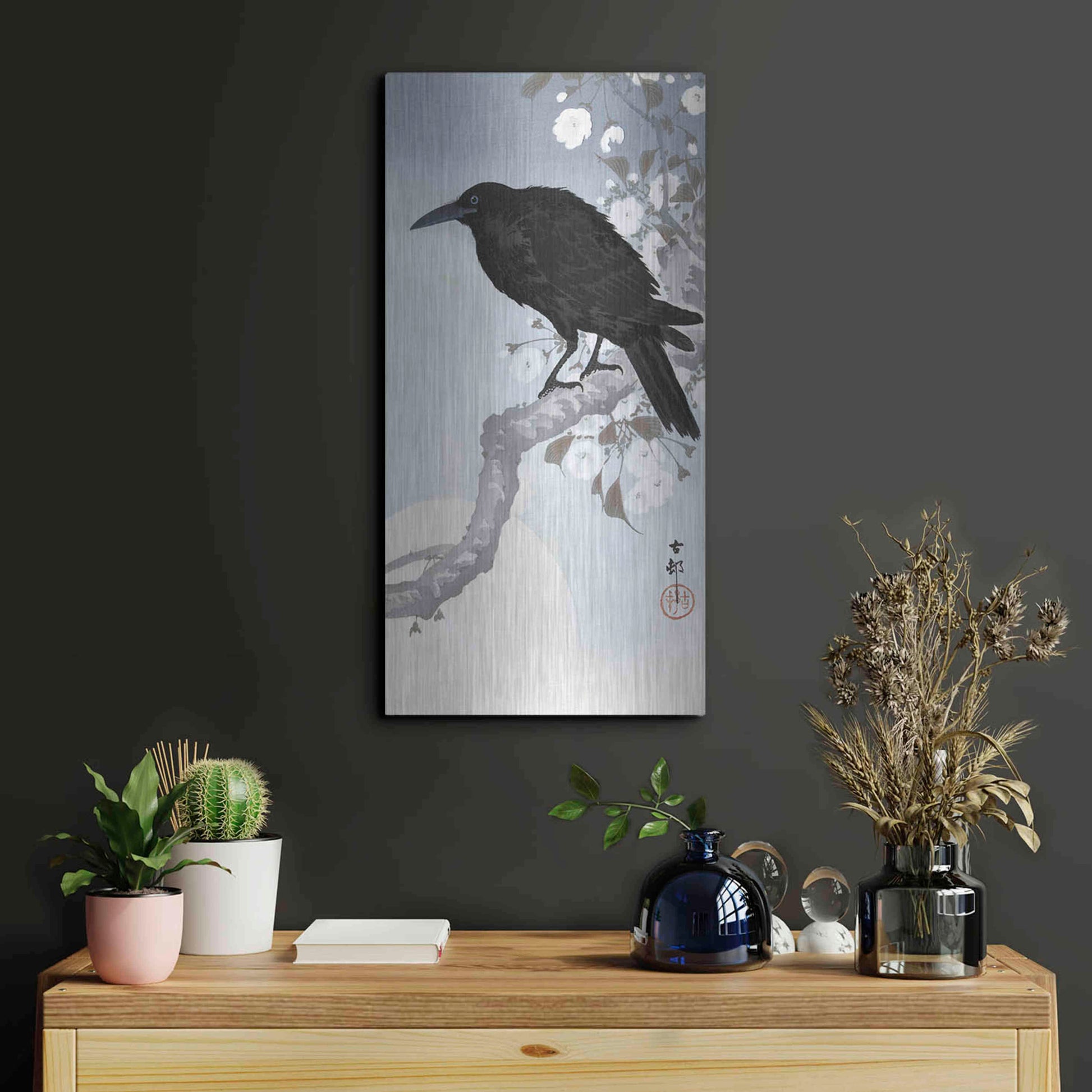 Luxe Metal Art 'Crow at Full Moon 1900-1930' by Ohara Koson, Metal Wall Art,12x24