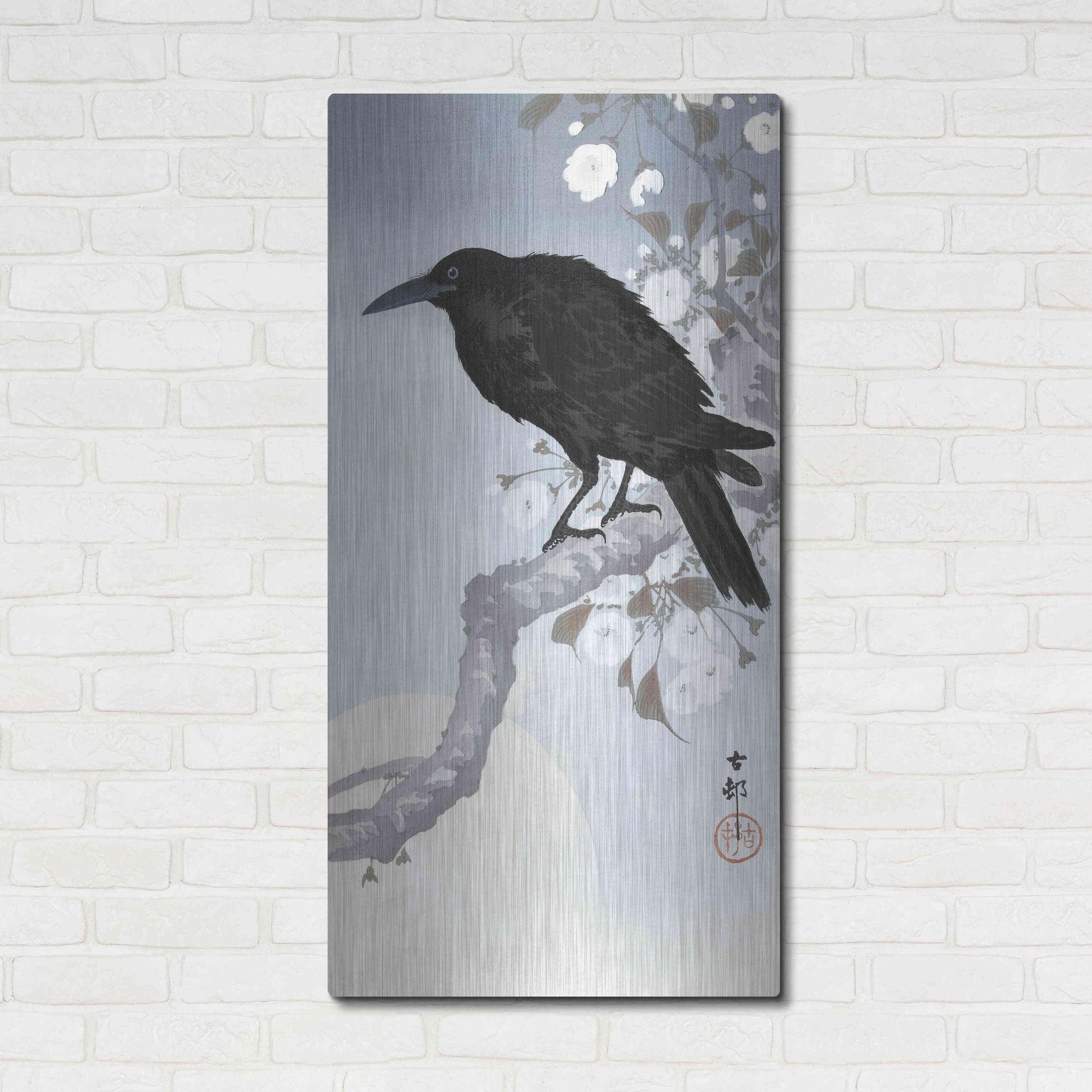 Luxe Metal Art 'Crow at Full Moon 1900-1930' by Ohara Koson, Metal Wall Art,24x48