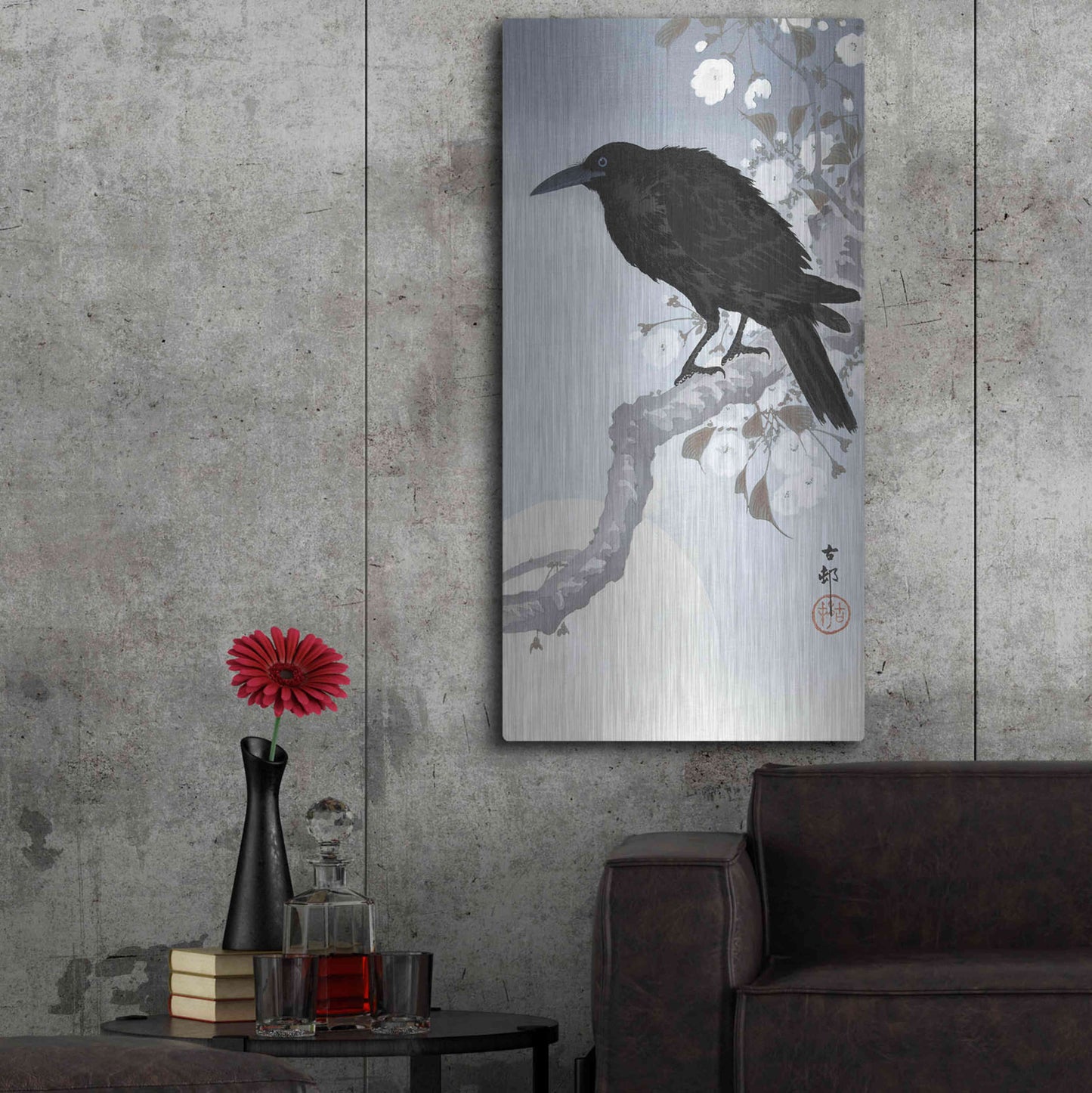 Luxe Metal Art 'Crow at Full Moon 1900-1930' by Ohara Koson, Metal Wall Art,24x48