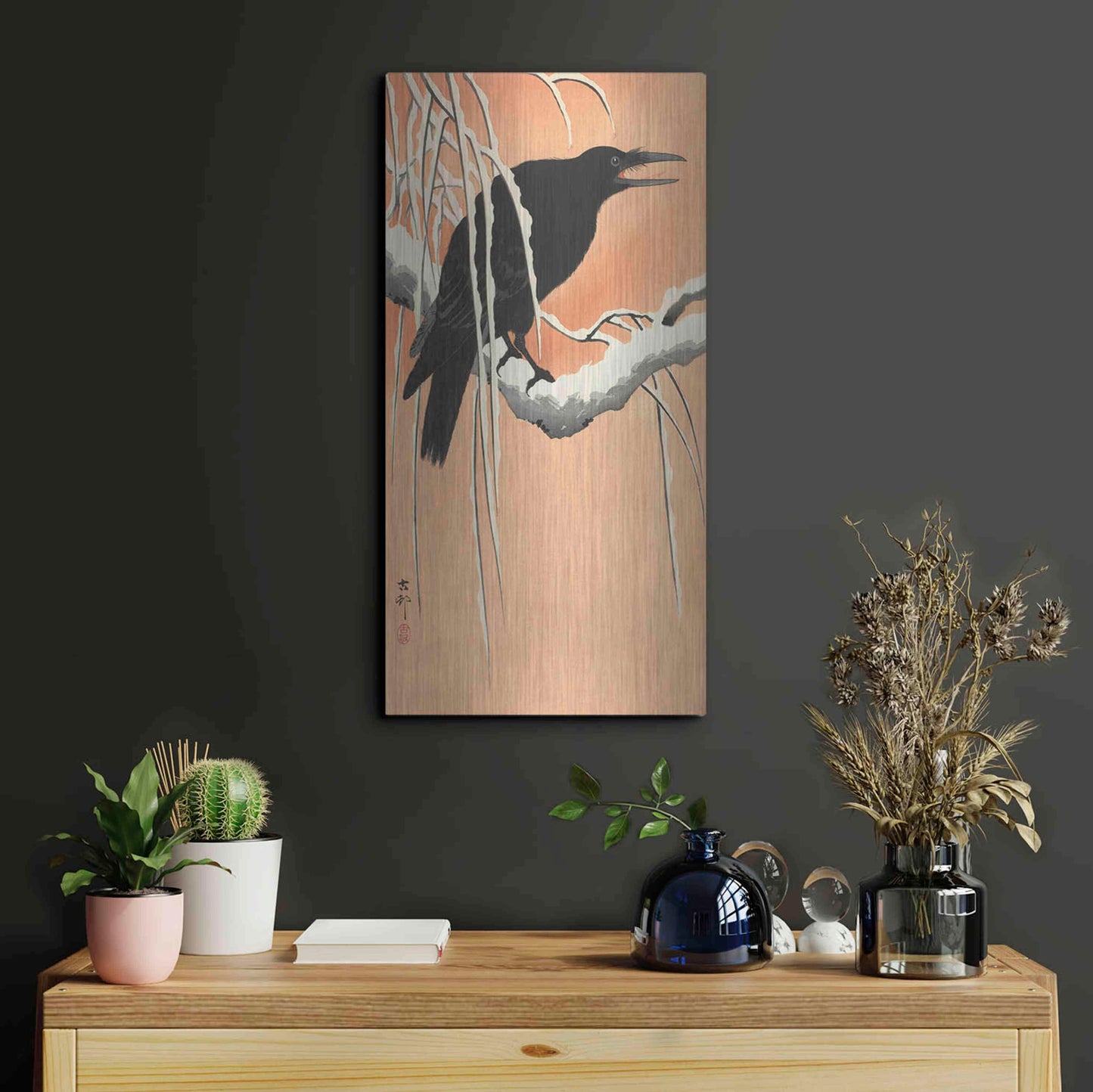 Luxe Metal Art 'Crow on a Snowy Bough 1900-1930' by Ohara Koson, Metal Wall Art,12x24