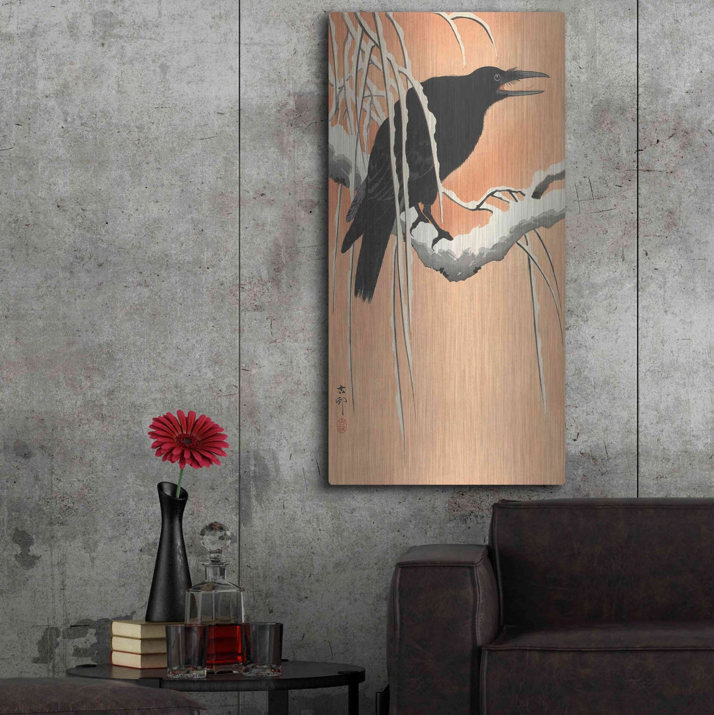 Luxe Metal Art 'Crow on a Snowy Bough 1900-1930' by Ohara Koson, Metal Wall Art,24x48