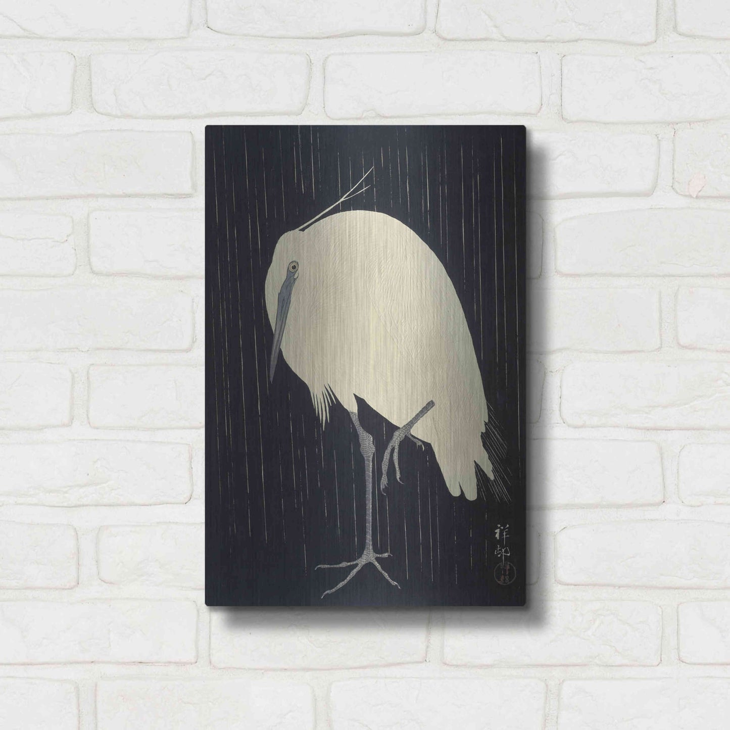 Luxe Metal Art 'Egret in the Rain 1925-1936' by Ohara Koson, Metal Wall Art,12x16