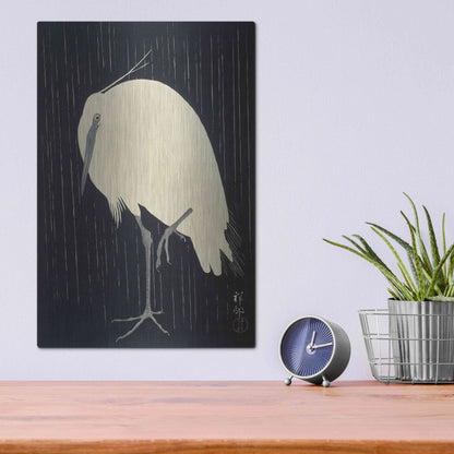 Luxe Metal Art 'Egret in the Rain 1925-1936' by Ohara Koson, Metal Wall Art,12x16