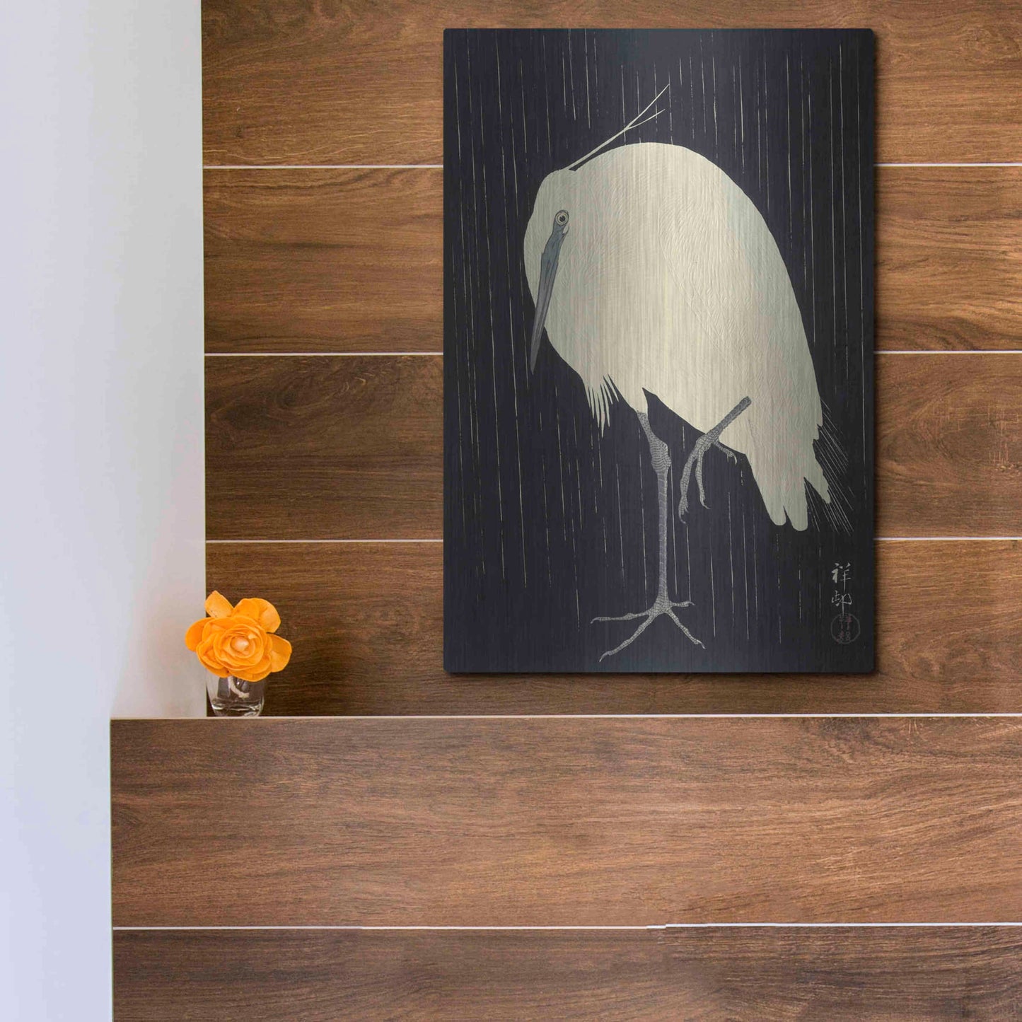 Luxe Metal Art 'Egret in the Rain 1925-1936' by Ohara Koson, Metal Wall Art,12x16