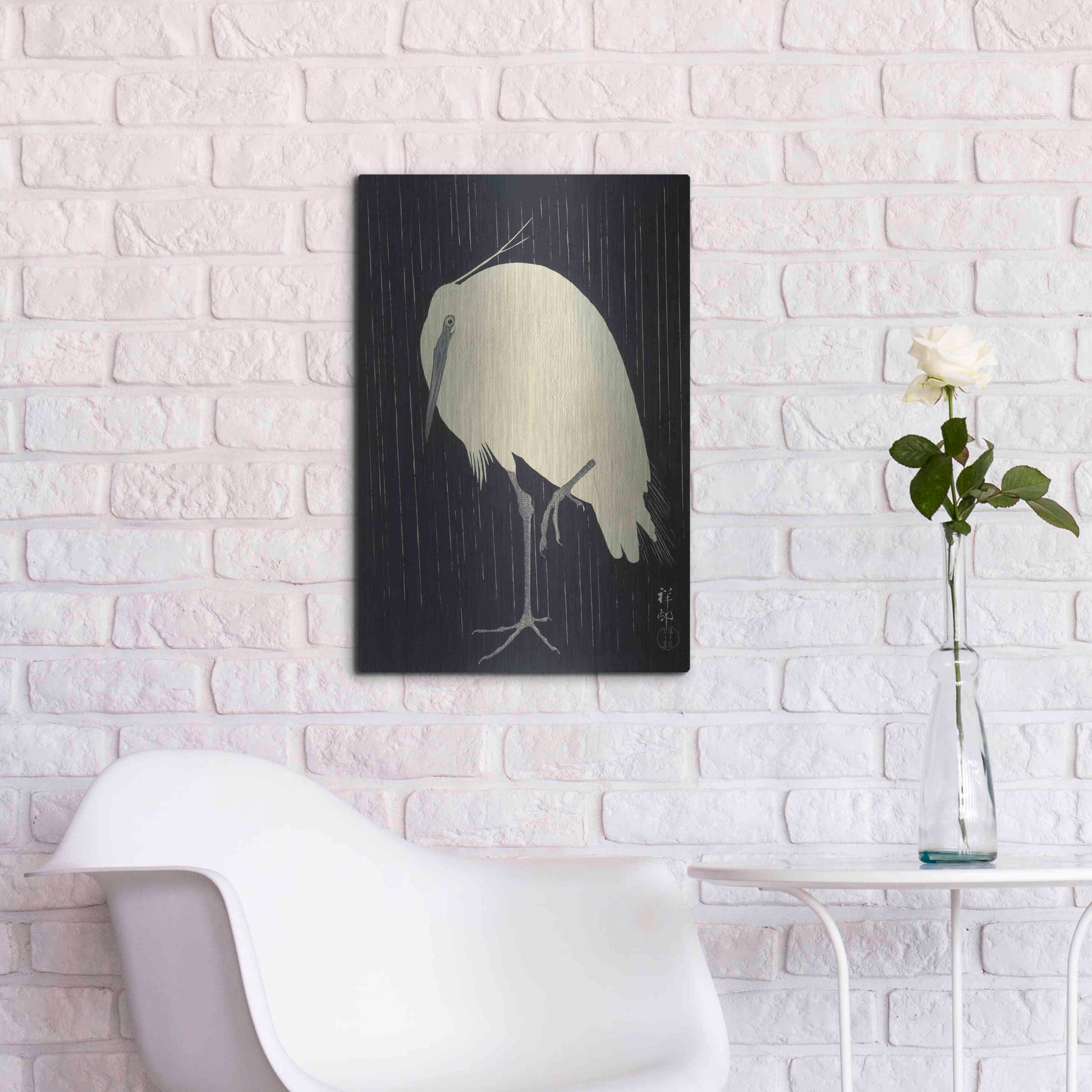 Luxe Metal Art 'Egret in the Rain 1925-1936' by Ohara Koson, Metal Wall Art,16x24