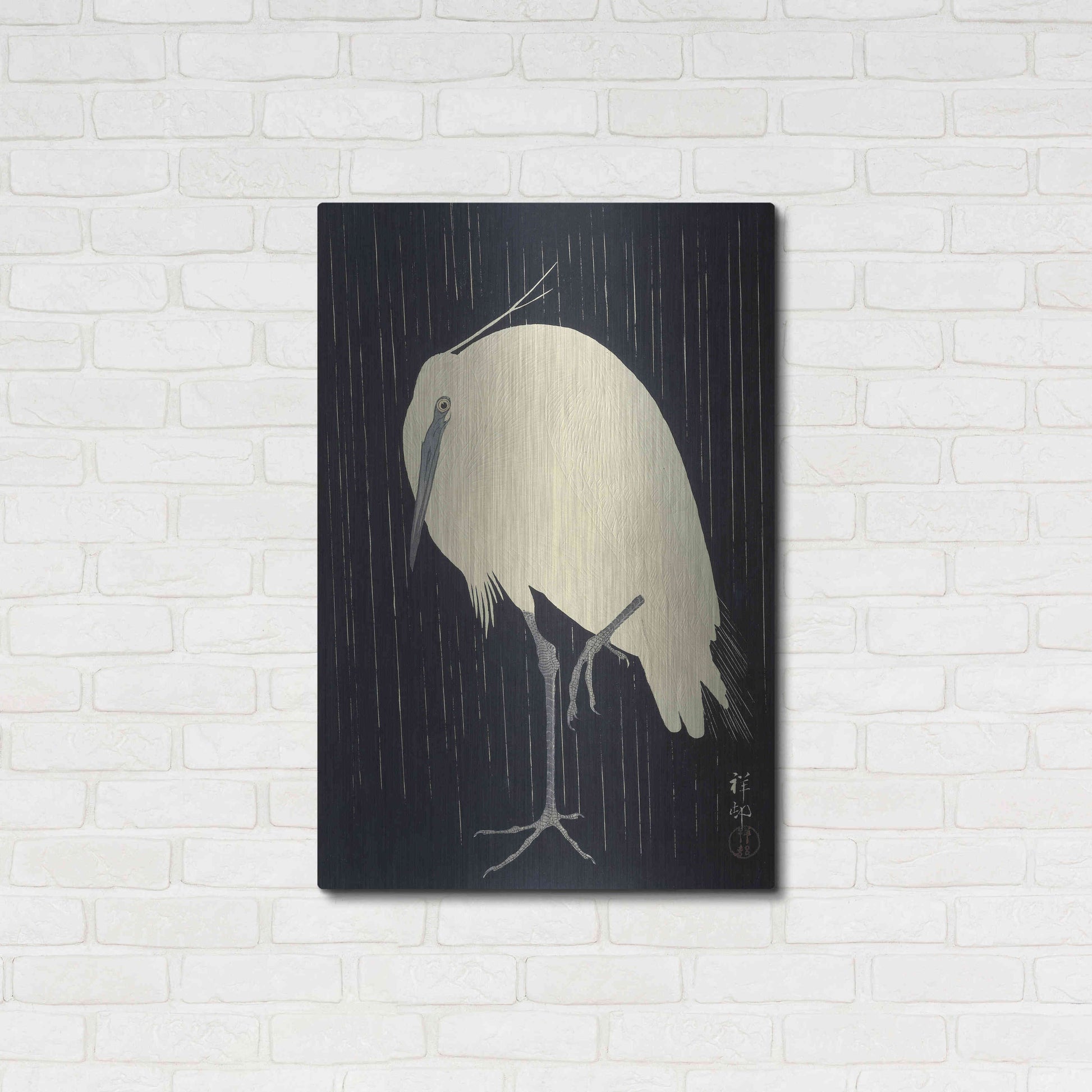 Luxe Metal Art 'Egret in the Rain 1925-1936' by Ohara Koson, Metal Wall Art,24x36