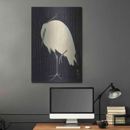 Luxe Metal Art 'Egret in the Rain 1925-1936' by Ohara Koson, Metal Wall Art,24x36