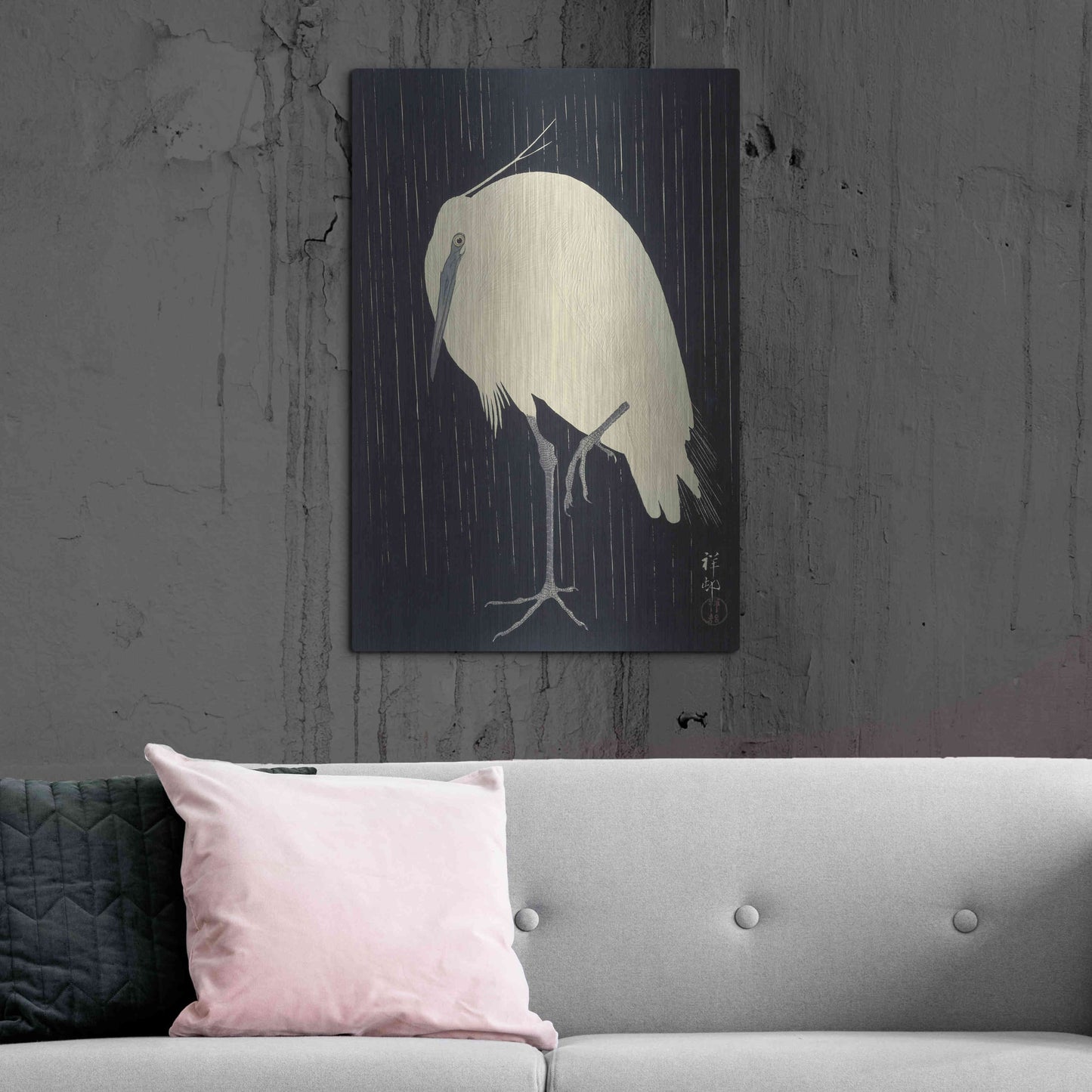 Luxe Metal Art 'Egret in the Rain 1925-1936' by Ohara Koson, Metal Wall Art,24x36