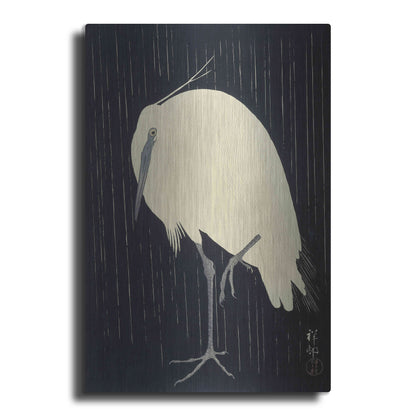 Luxe Metal Art 'Egret in the Rain 1925-1936' by Ohara Koson, Metal Wall Art