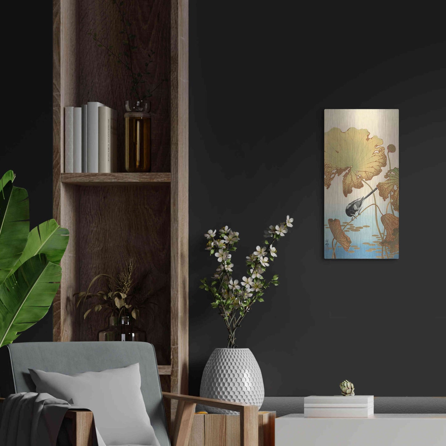 Luxe Metal Art 'Japanese Wagtail on Lotus Plant 1925-1936' by Ohara Koson, Metal Wall Art,12x24