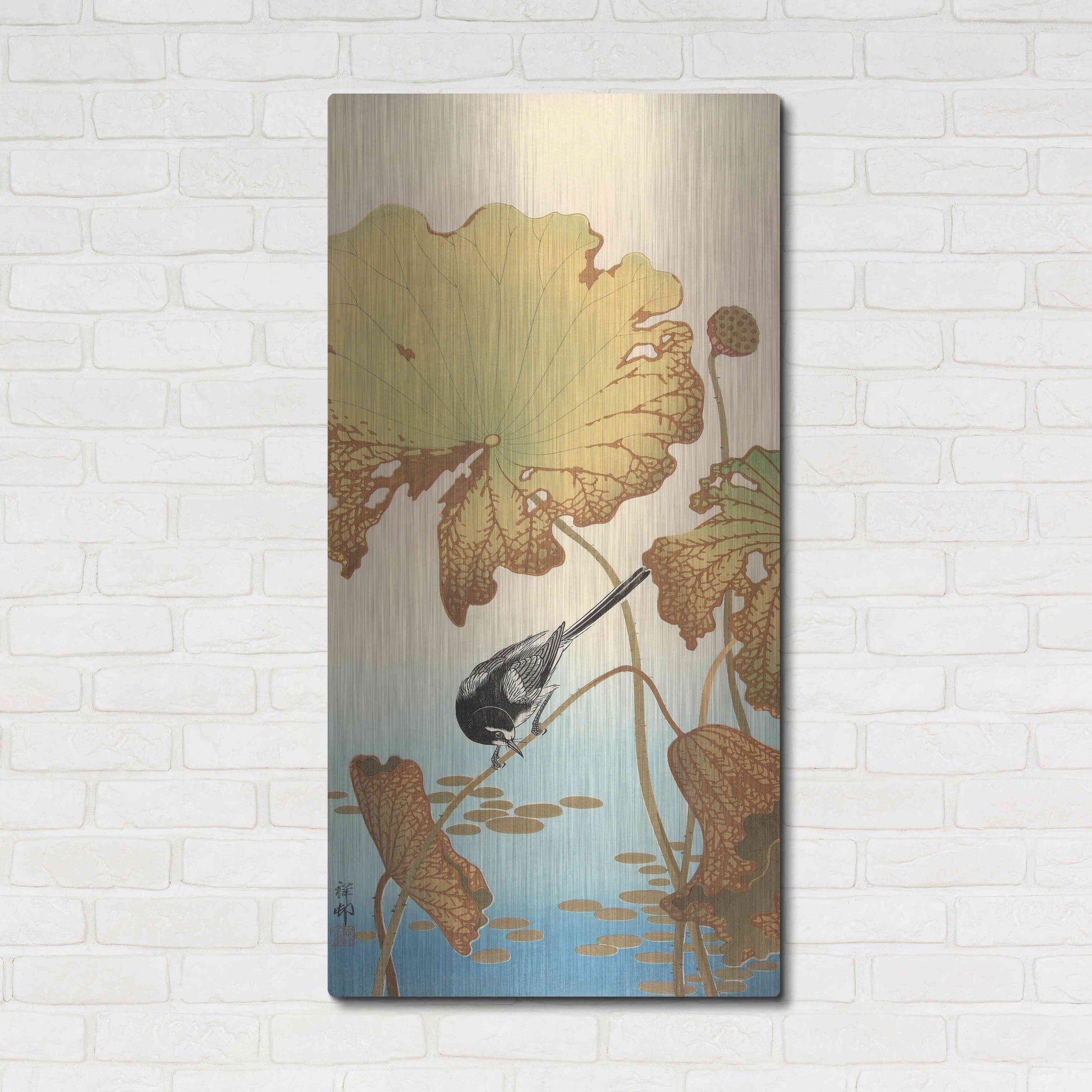 Luxe Metal Art 'Japanese Wagtail on Lotus Plant 1925-1936' by Ohara Koson, Metal Wall Art,24x48