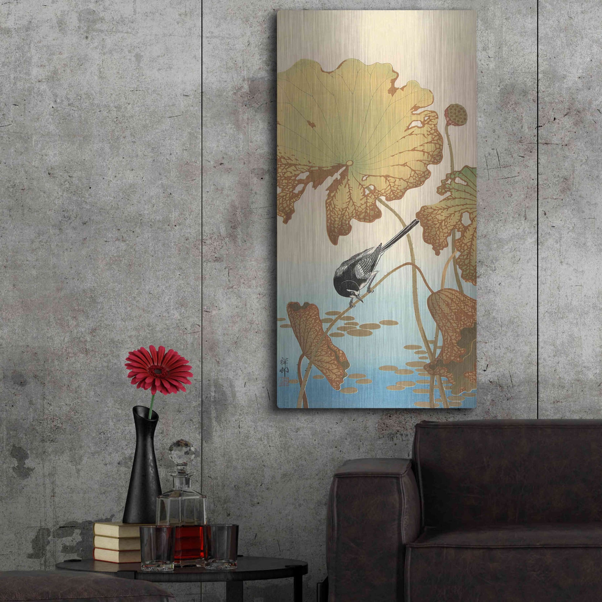 Luxe Metal Art 'Japanese Wagtail on Lotus Plant 1925-1936' by Ohara Koson, Metal Wall Art,24x48