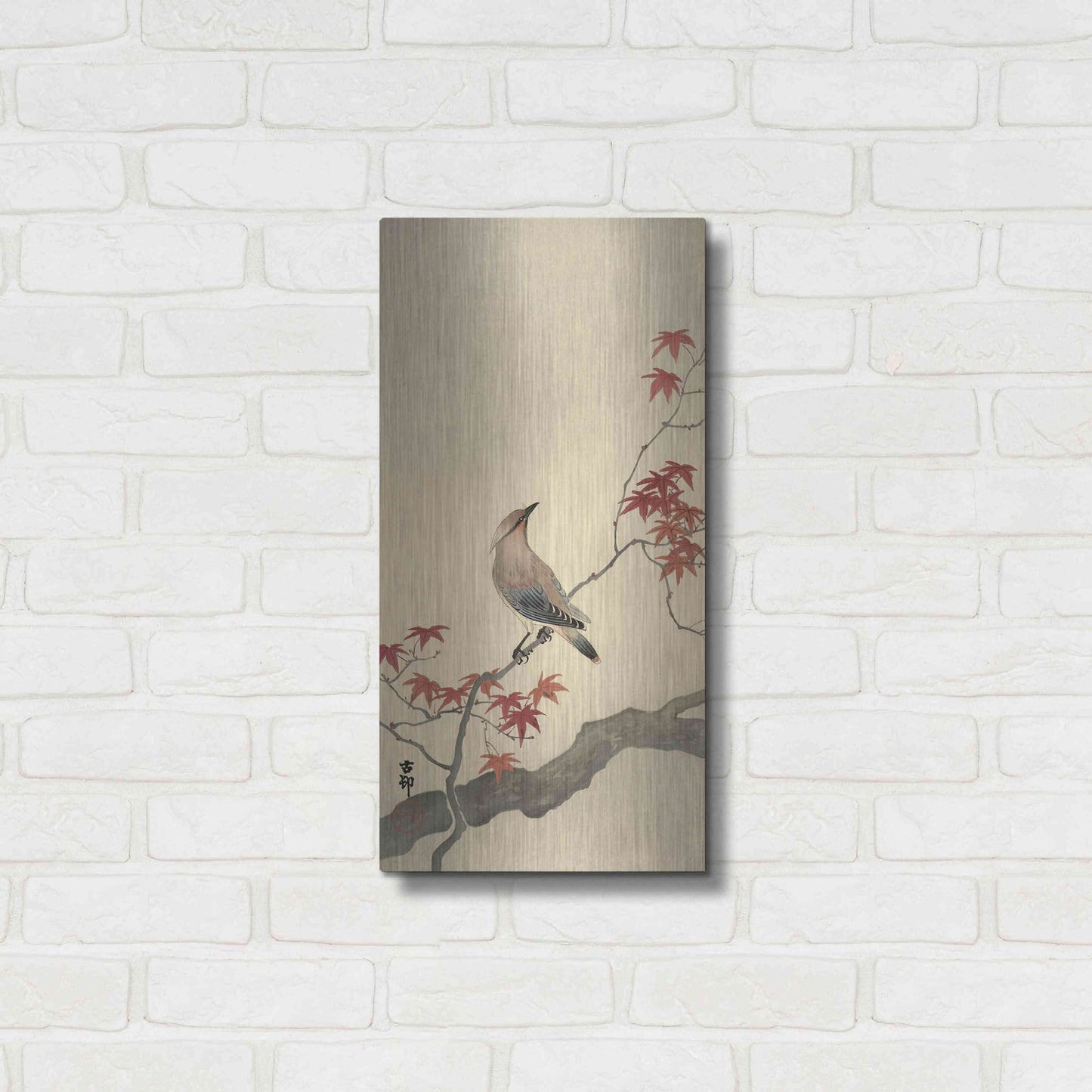 Luxe Metal Art 'Japanese Waxwing on Maple 1900-1936' by Ohara Koson, Metal Wall Art,12x24