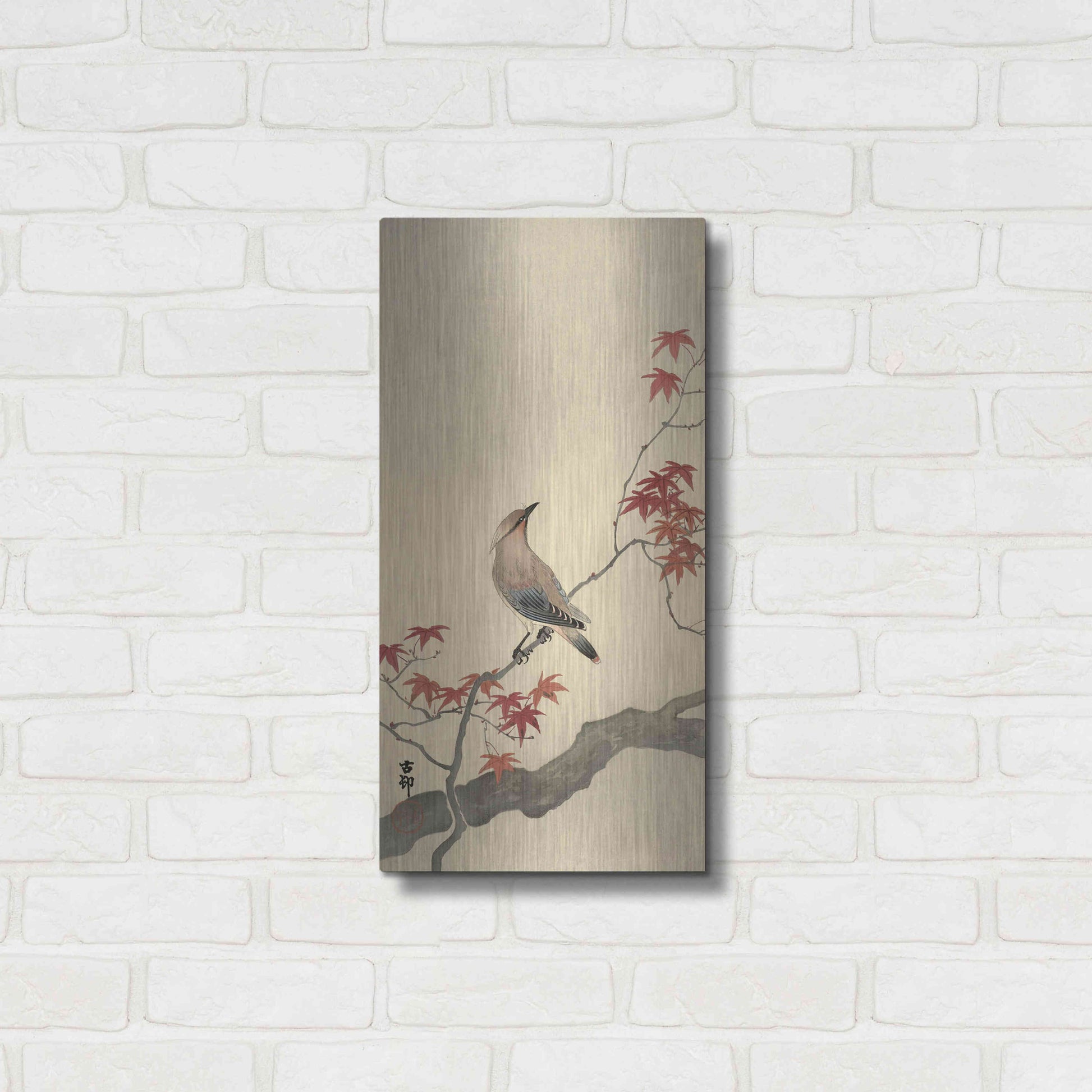 Luxe Metal Art 'Japanese Waxwing on Maple 1900-1936' by Ohara Koson, Metal Wall Art,12x24