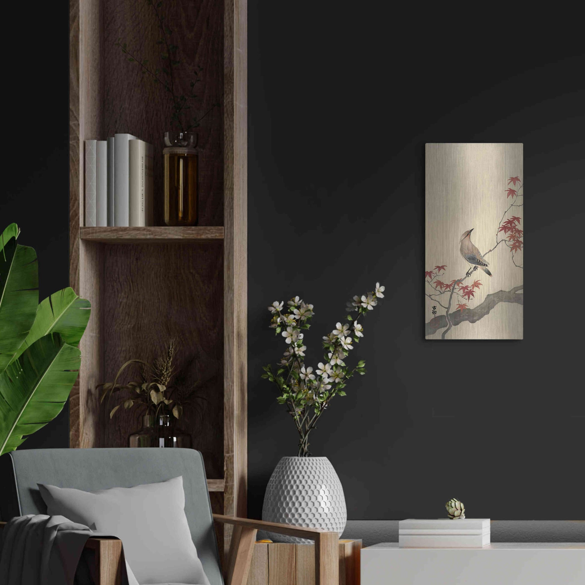 Luxe Metal Art 'Japanese Waxwing on Maple 1900-1936' by Ohara Koson, Metal Wall Art,12x24