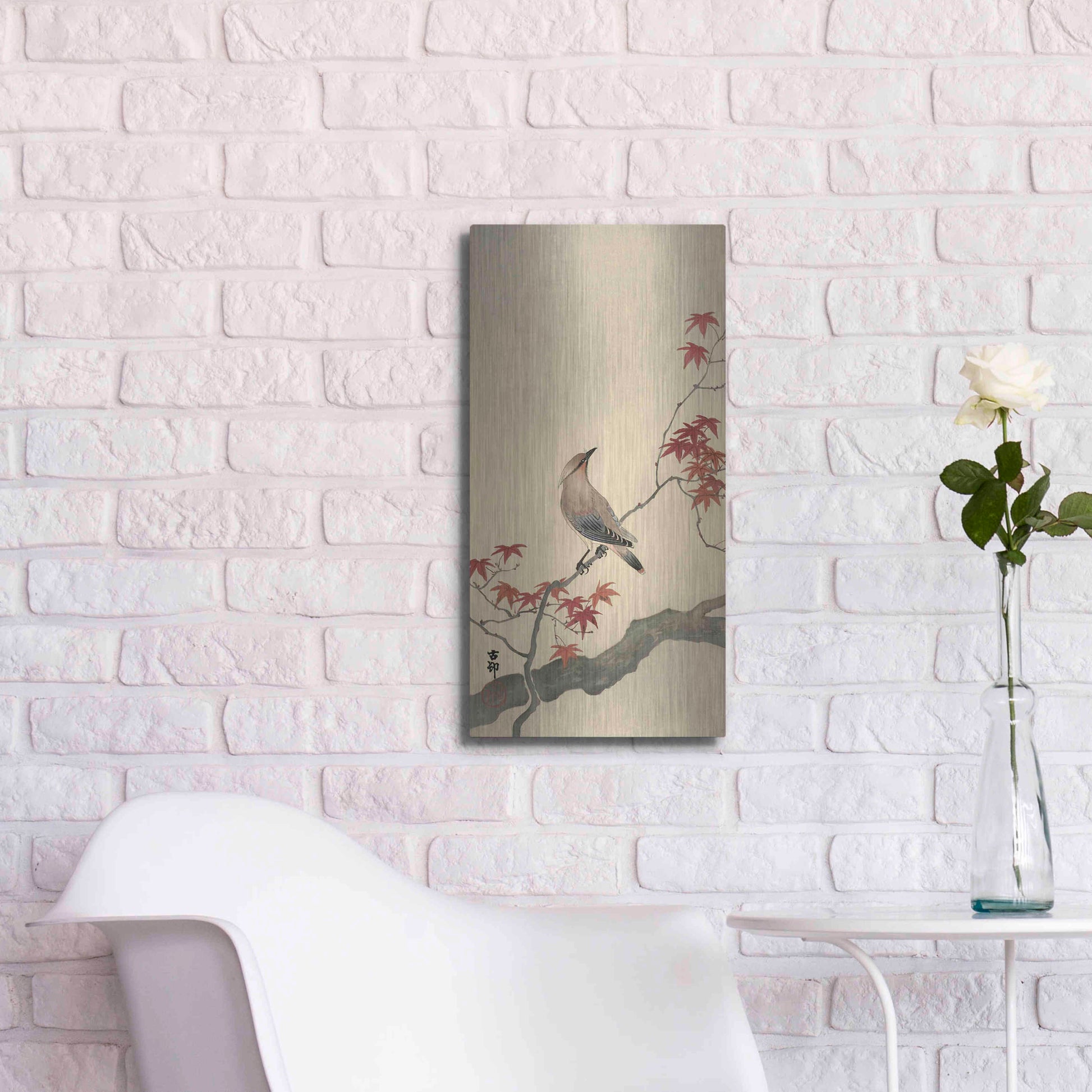 Luxe Metal Art 'Japanese Waxwing on Maple 1900-1936' by Ohara Koson, Metal Wall Art,12x24