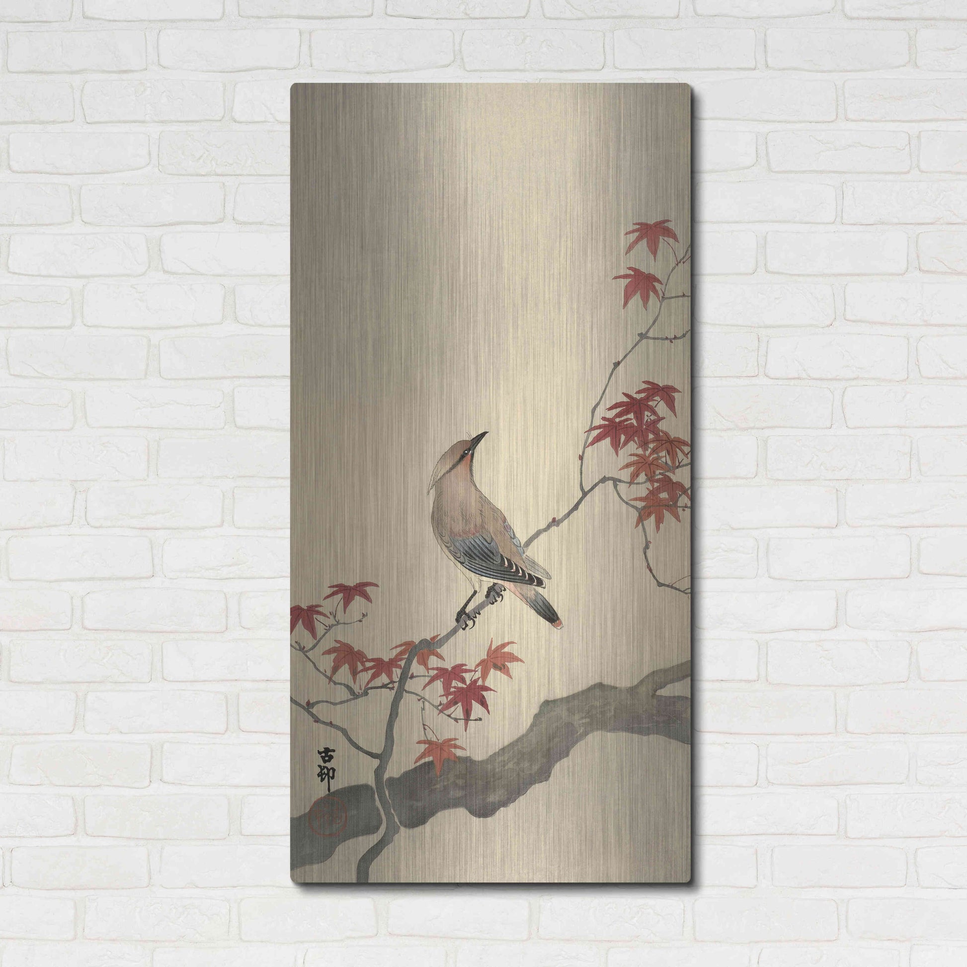 Luxe Metal Art 'Japanese Waxwing on Maple 1900-1936' by Ohara Koson, Metal Wall Art,24x48